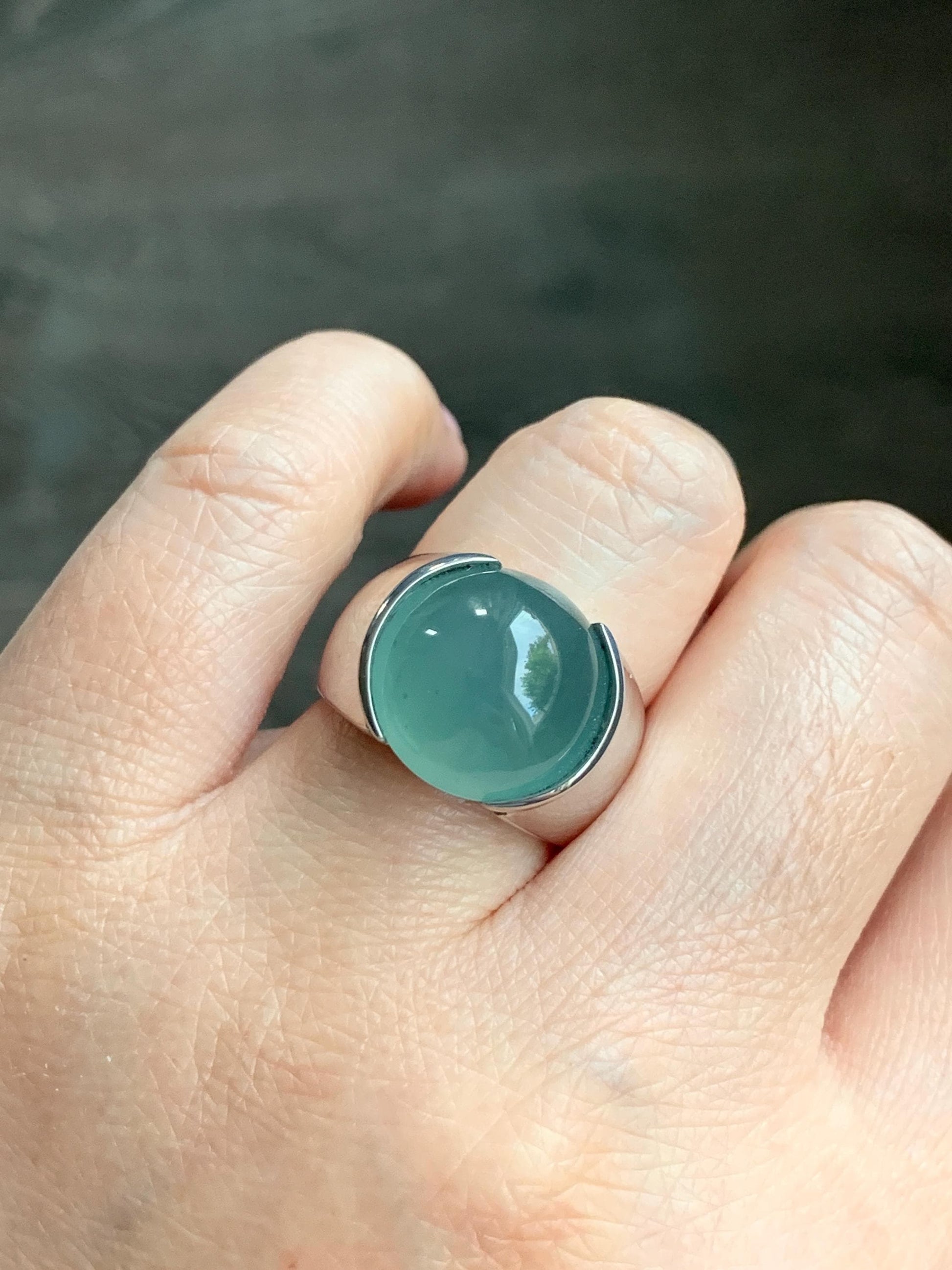 Certified Natural Guatemalan Icy Highly Translucent Teal Blue Jadeite Round Cabochon Solitaire Ring Sterling Silver size 7 天然冰危蓝水翡翠蛋面戒指 3617