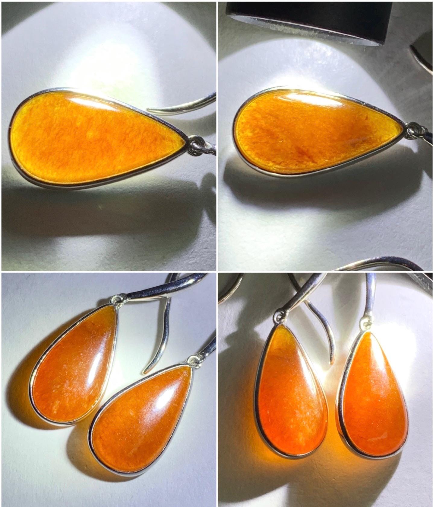 Certified Natural Burmese Icy Highly Translucent Cognac Red Jadeite Teardrop Dangle Earrings Sterling Silver 2.29g 天然缅甸冰红翡翠水滴蛋面镶嵌耳钩 3045