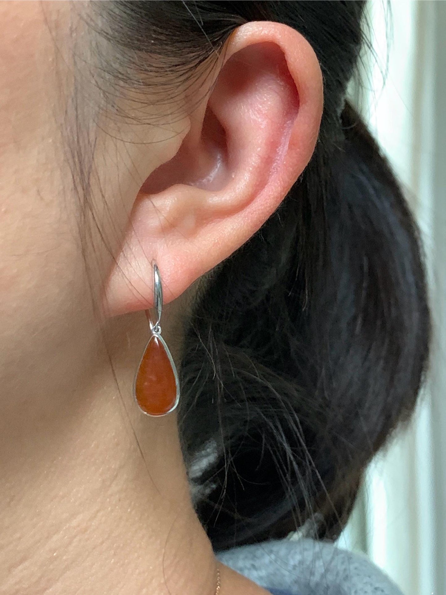 Certified Natural Burmese Icy Highly Translucent Cognac Red Jadeite Teardrop Dangle Earrings Sterling Silver 2.29g 天然缅甸冰红翡翠水滴蛋面镶嵌耳钩 3045
