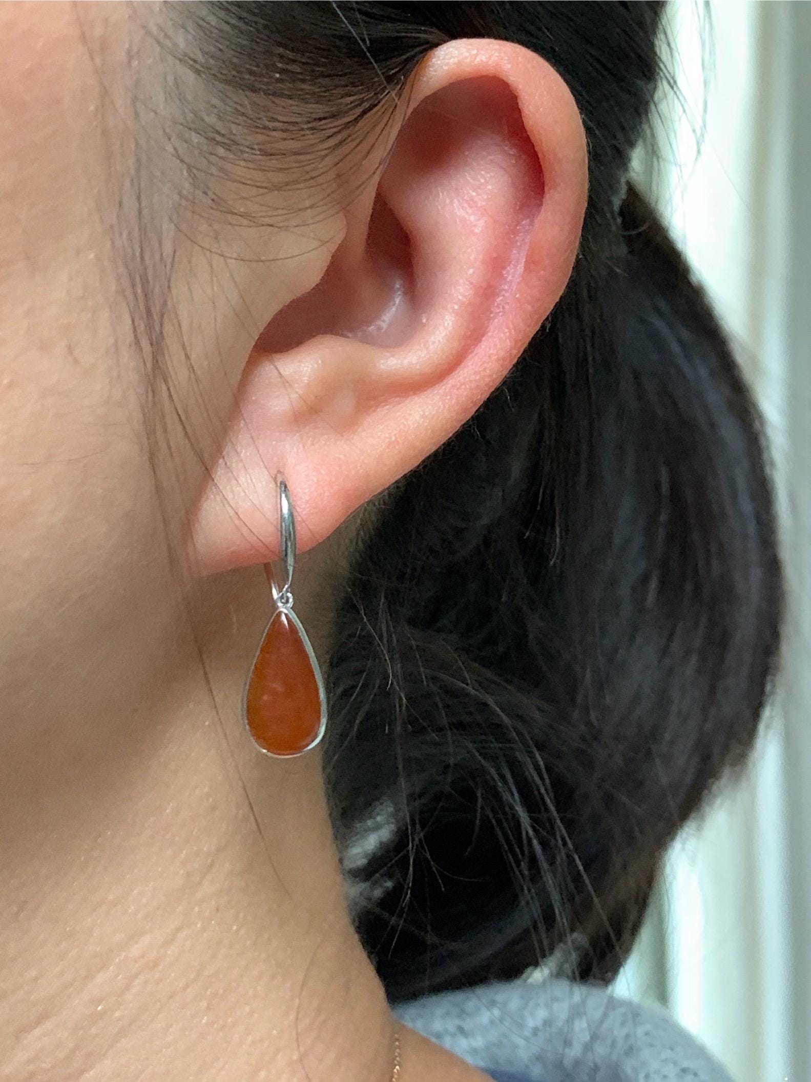Certified Natural Burmese Icy Highly Translucent Cognac Red Jadeite Teardrop Dangle Earrings Sterling Silver 2.29g 天然缅甸冰红翡翠水滴蛋面镶嵌耳钩 3045