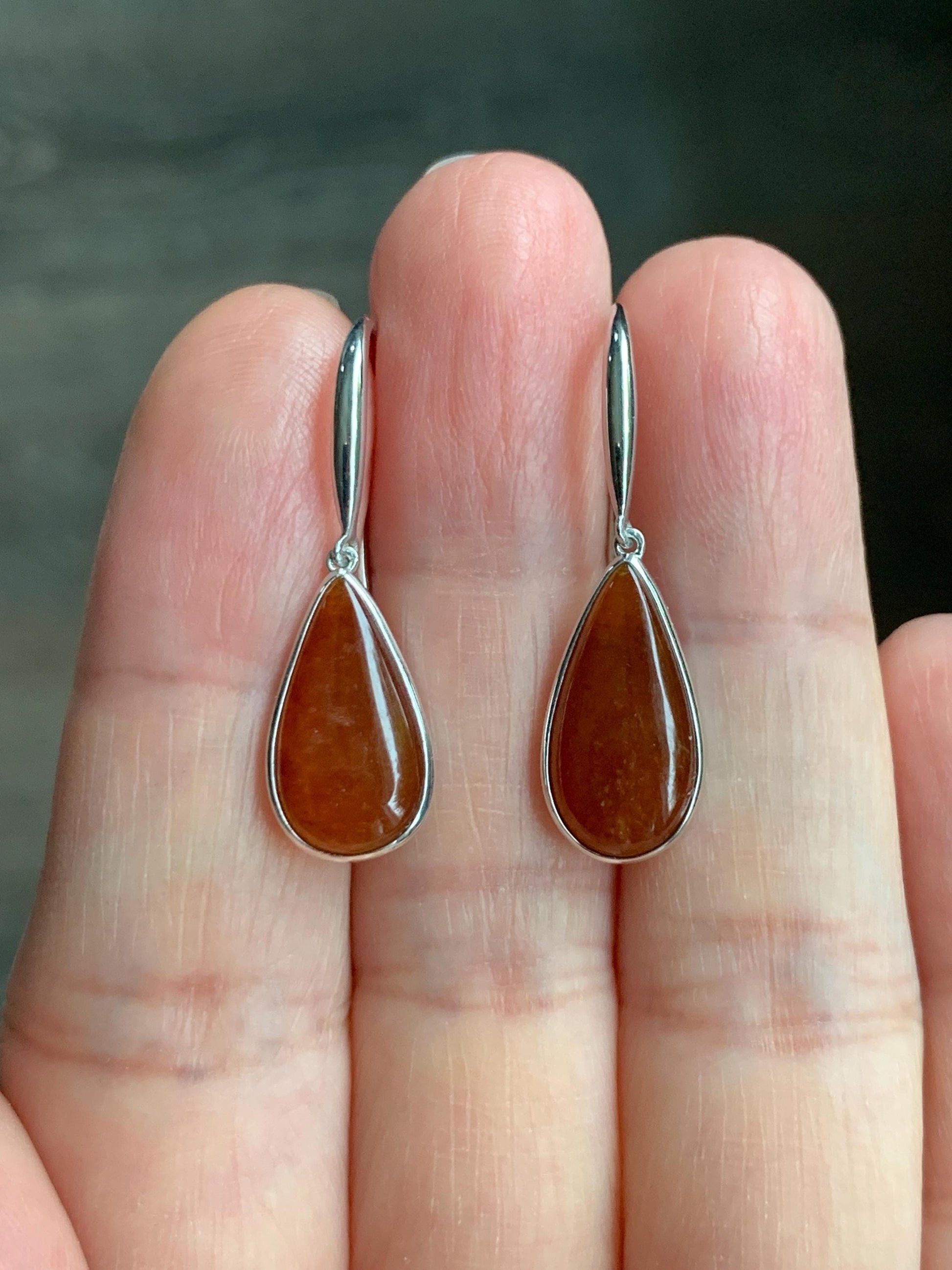 Certified Natural Burmese Icy Highly Translucent Cognac Red Jadeite Teardrop Dangle Earrings Sterling Silver 2.29g 天然缅甸冰红翡翠水滴蛋面镶嵌耳钩 3045