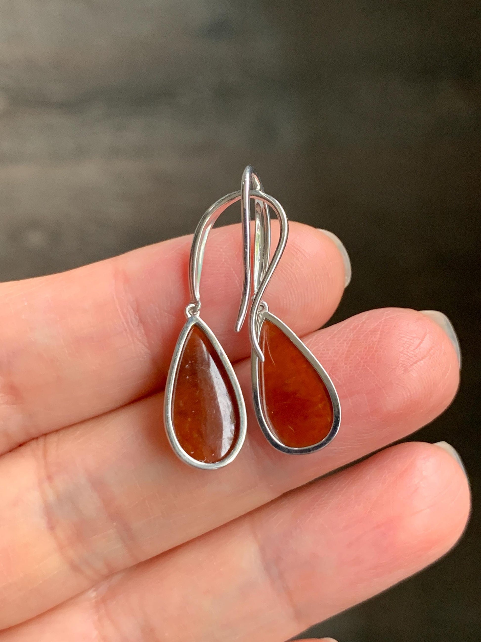 Certified Natural Burmese Icy Highly Translucent Cognac Red Jadeite Teardrop Dangle Earrings Sterling Silver 2.29g 天然缅甸冰红翡翠水滴蛋面镶嵌耳钩 3045
