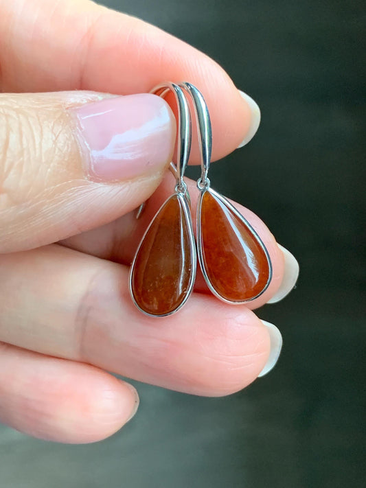 Certified Natural Burmese Icy Highly Translucent Cognac Red Jadeite Teardrop Dangle Earrings Sterling Silver 2.29g 天然缅甸冰红翡翠水滴蛋面镶嵌耳钩 3045