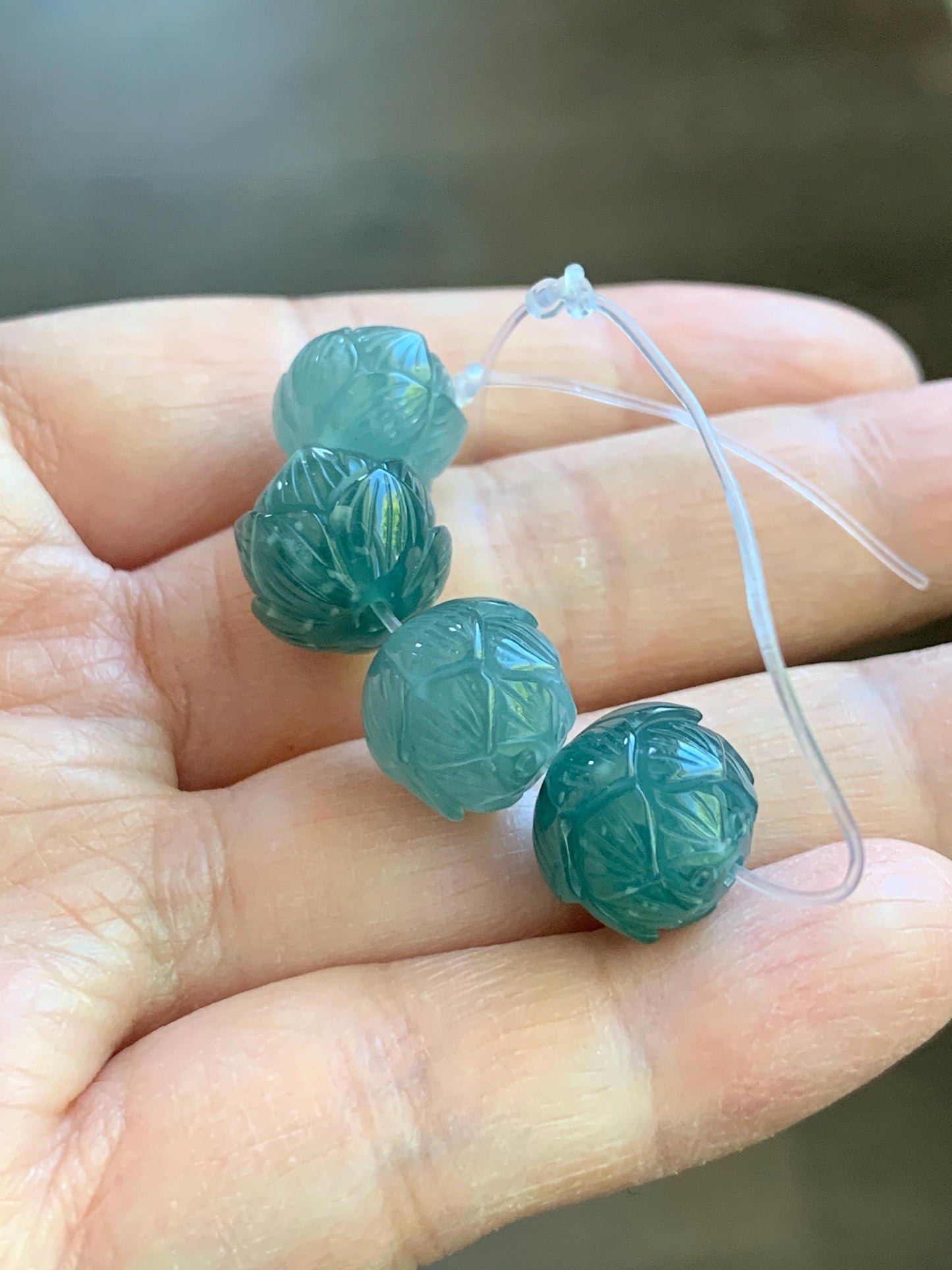 Natural Guatemalan Grade A Jadeite Icy Translucent Dark Teal Blue Lotus Beads set of 2 11.7mm 11.9mm