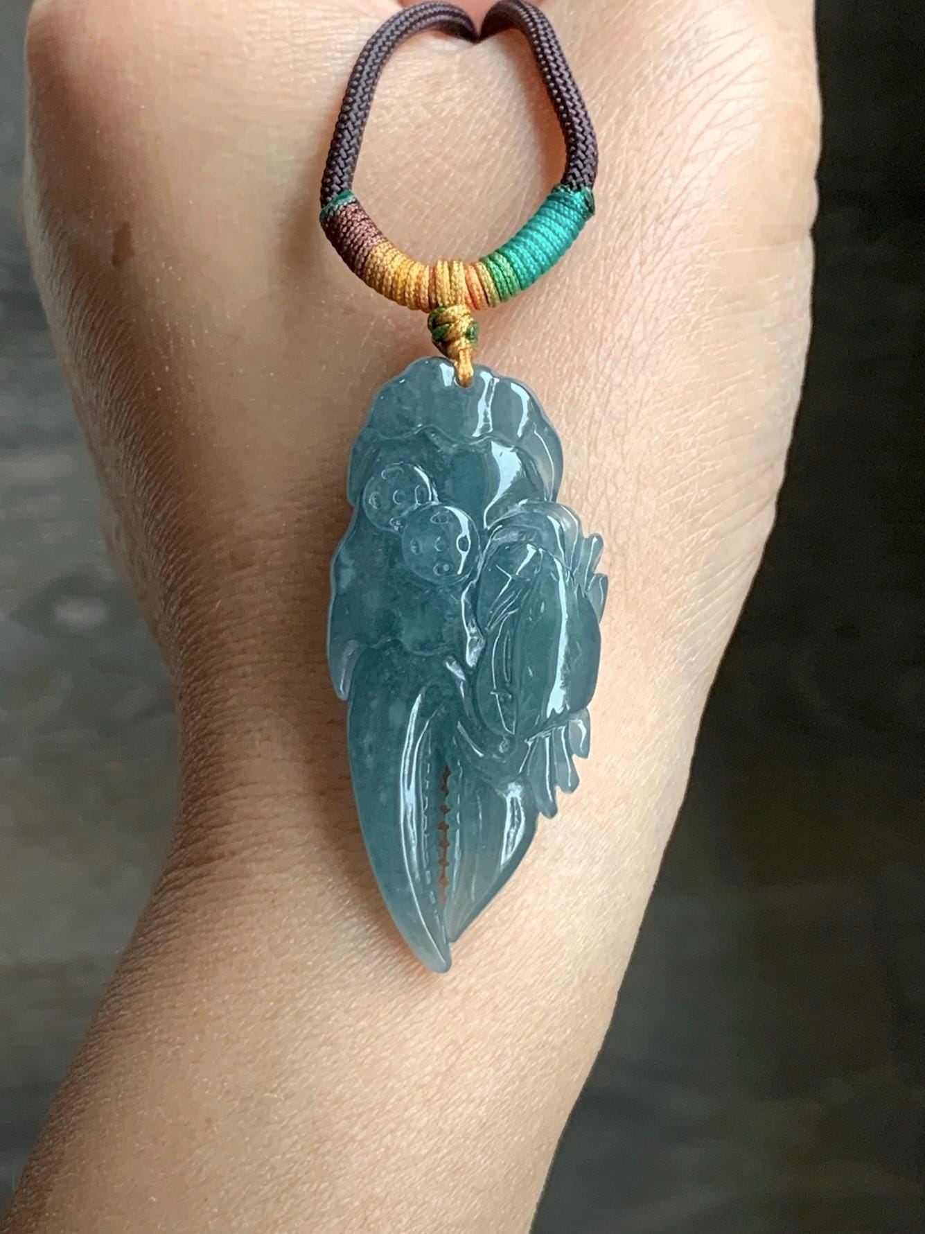 Certified Natural Guatemalan Icy Translucent Dusty Dark Teal Blue Jadeite Carved Money Crab Claw Pendant Rope Necklace 天然冰危蓝翡翠精雕蟹钳吊坠 6938