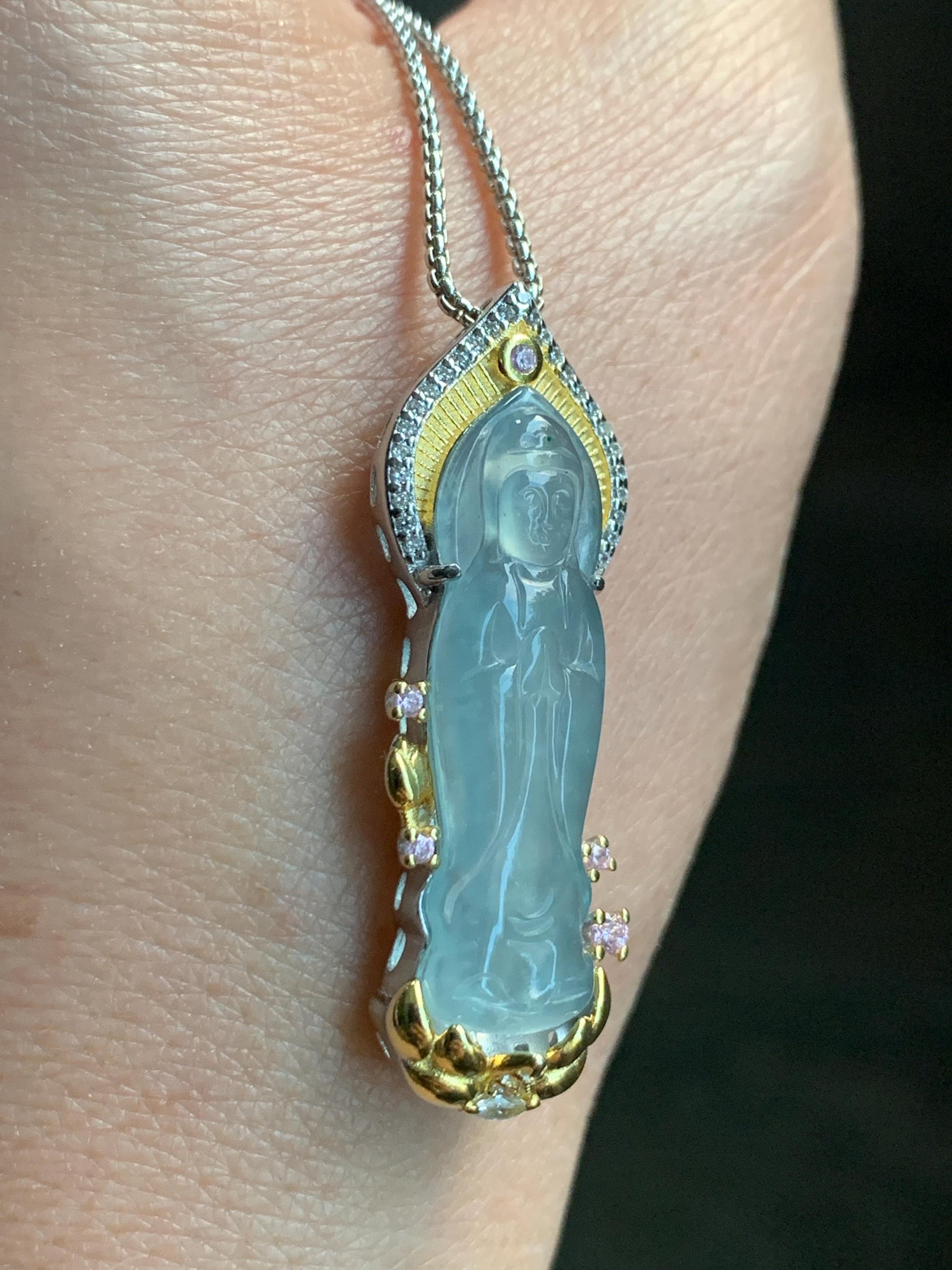 Certified Natural Guatemalan Icy Highly Translucent Gelatinous Light Blue Jadeite Guanyin Pendant Sterling Silver 6.9g 天然冰胶危淡蓝翡翠观音镶嵌吊坠 6891