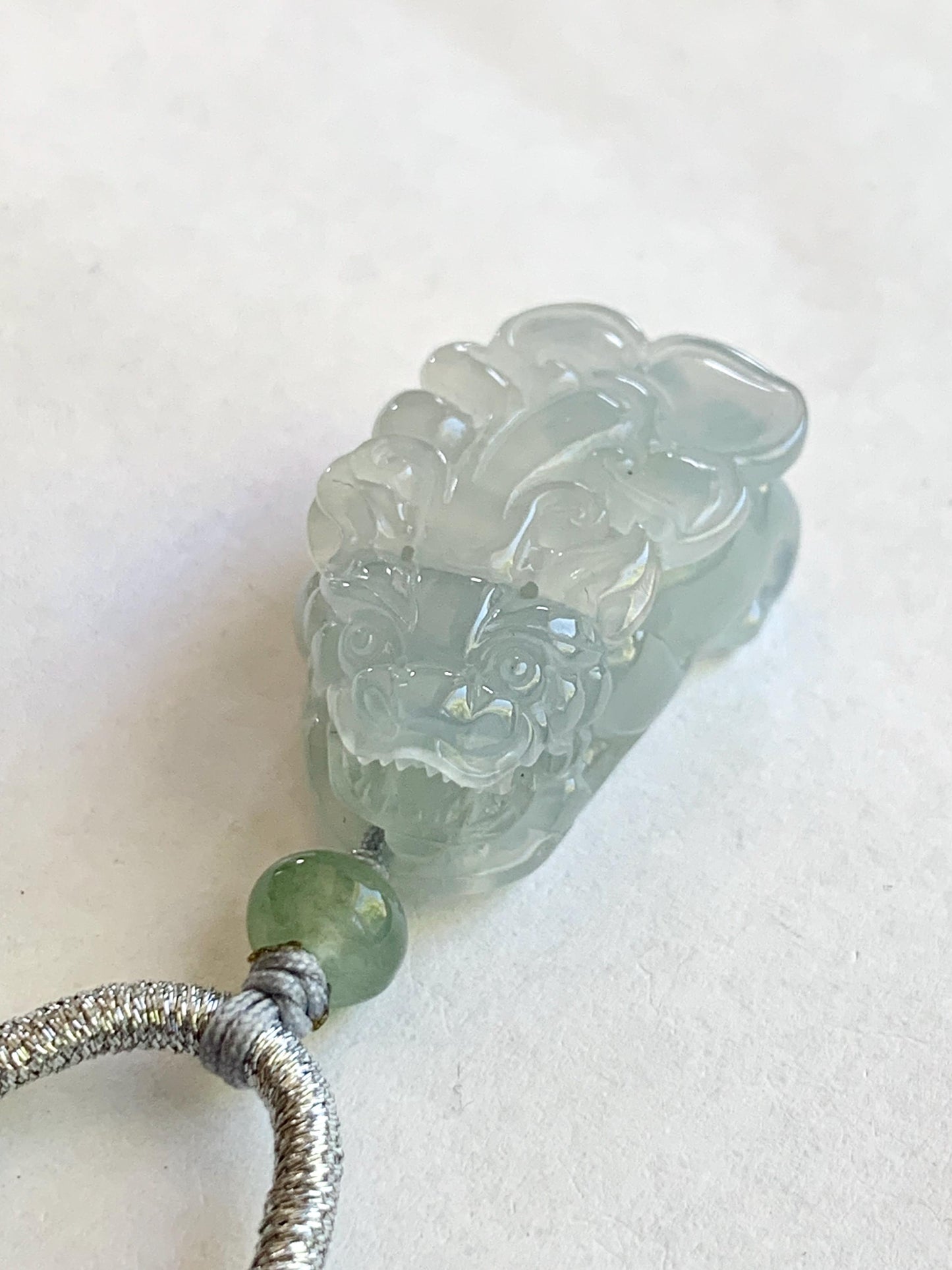 Certified Natural Burmese Premium Icy Translucent Gelatinous Light Blue Jadeite Pixiu Pendant Necklace Sterling Silver 天然缅甸老种冰胶淡蓝翡翠貔貅吊坠 6926