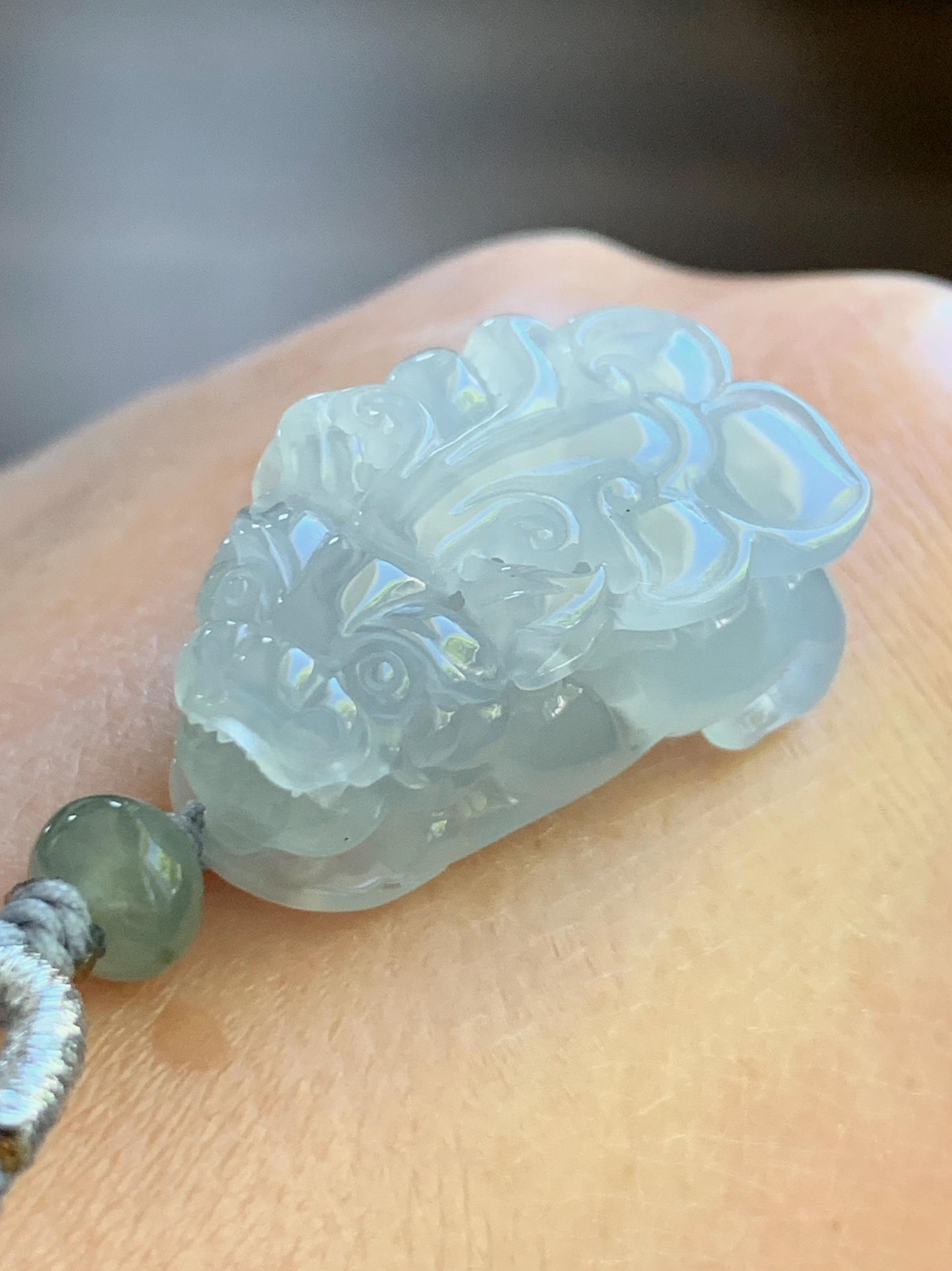 Certified Natural Burmese Premium Icy Translucent Gelatinous Light Blue Jadeite Pixiu Pendant Necklace Sterling Silver 天然缅甸老种冰胶淡蓝翡翠貔貅吊坠 6926