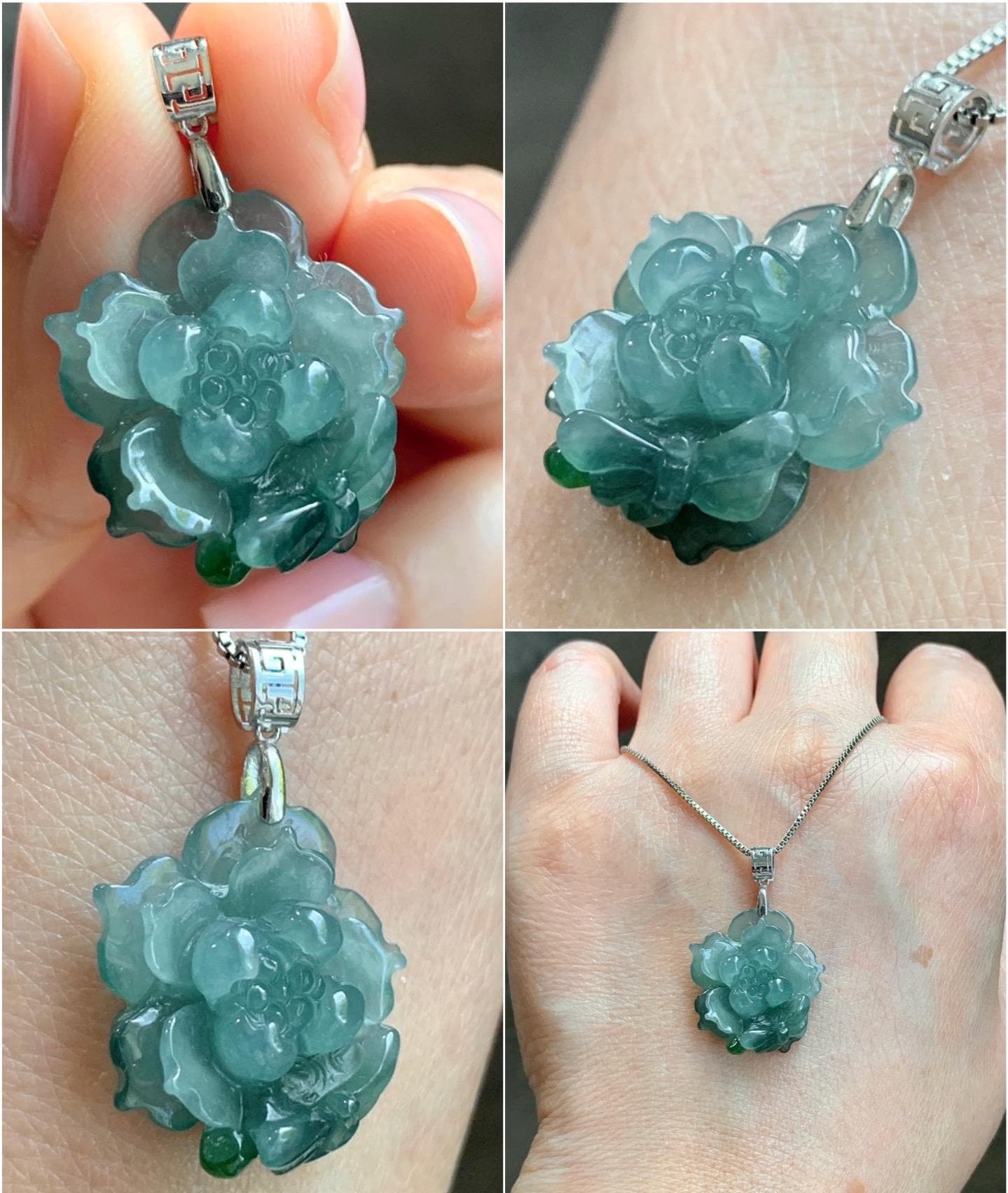 Natural Guatemalan Icy Highly Translucent Two-Tone Teal Blue Jadeite Lotus Flower Dragonfly Pendant 18K White Gold 天然冰危蓝绿翡翠莲花蜻蜓镶嵌吊坠 TTH726S