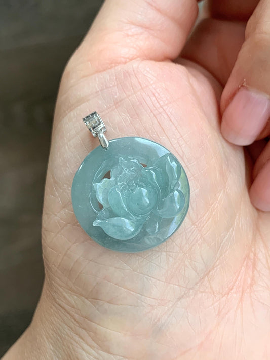 Natural Guatemalan Icy Highly Translucent Light Dusty Blue Jadeite Lotus Flower Circle Pendant 18K White Gold 天然冰危淡蓝翡翠莲花圈镶嵌吊坠 YHH-A