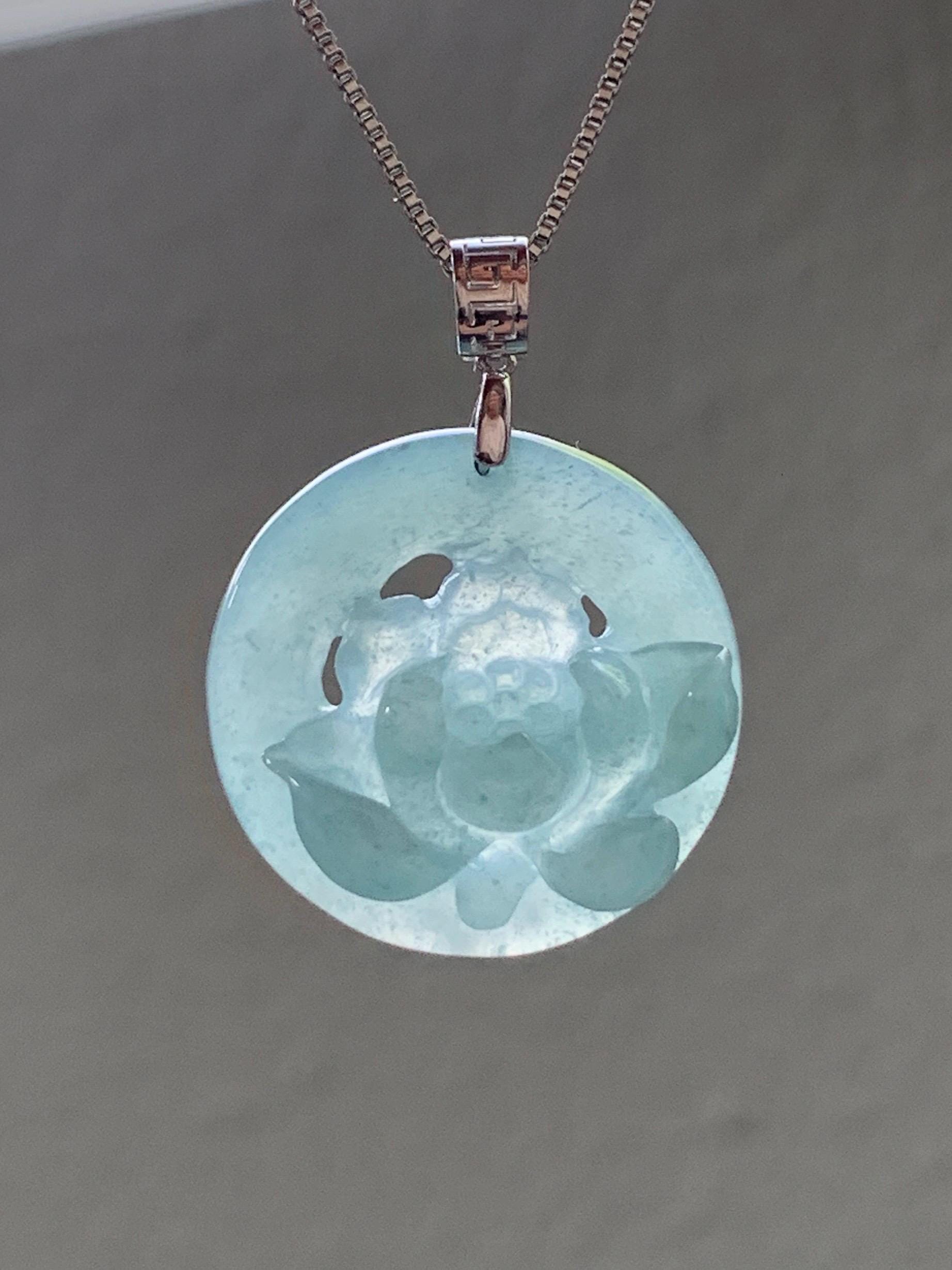 Natural Guatemalan Icy Highly Translucent Light Dusty Blue Jadeite Lotus Flower Circle Pendant 18K White Gold 天然冰危淡蓝翡翠莲花圈镶嵌吊坠 YHH-A