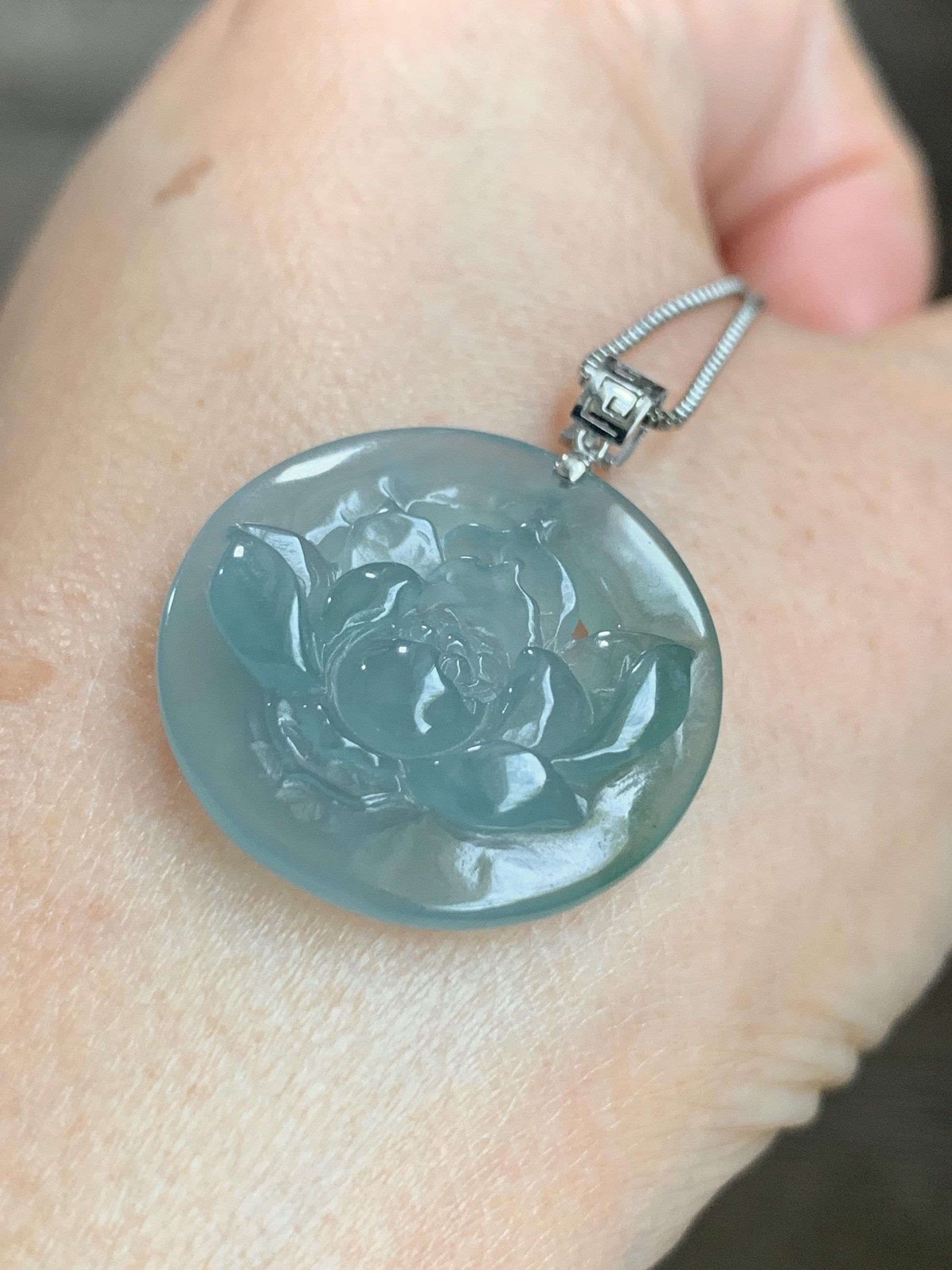 Natural Guatemalan Icy Highly Translucent Light Dusty Blue Jadeite Lotus Flower Circle Pendant 18K White Gold 天然冰危淡蓝翡翠莲花圈镶嵌吊坠 YHH-B