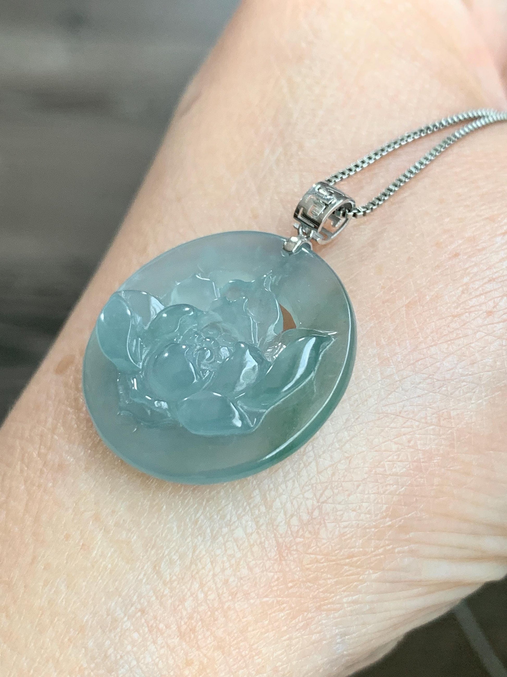 Natural Guatemalan Icy Highly Translucent Light Dusty Blue Jadeite Lotus Flower Circle Pendant 18K White Gold 天然冰危淡蓝翡翠莲花圈镶嵌吊坠 YHH-B