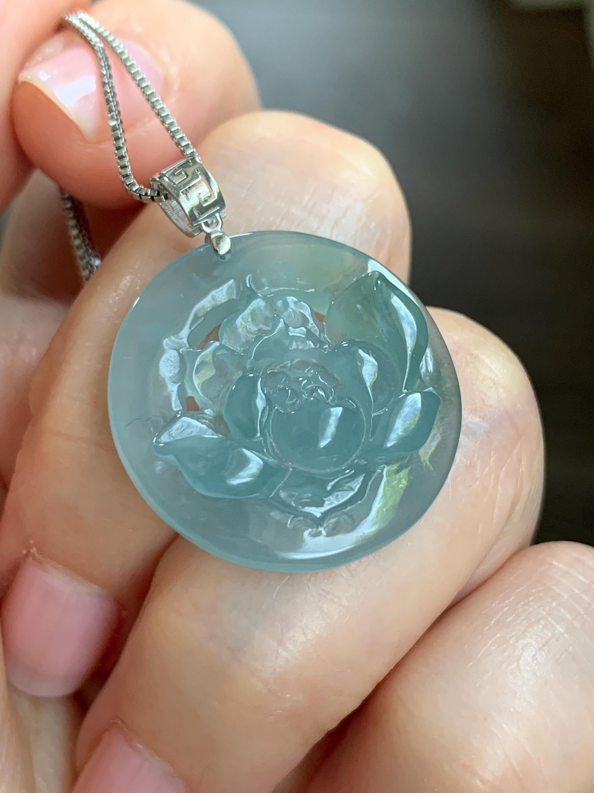 Natural Guatemalan Icy Highly Translucent Light Dusty Blue Jadeite Lotus Flower Circle Pendant 18K White Gold 天然冰危淡蓝翡翠莲花圈镶嵌吊坠 YHH-B