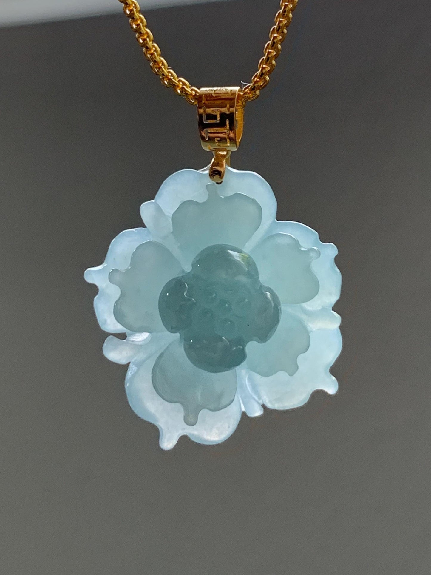 Natural Guatemalan Icy Translucent Light Dusty Blue Jadeite Carved 3D Lotus Flower Pendant 18K Yellow Gold Bail 天然冰危淡蓝翡翠精工雕莲花镶嵌吊坠