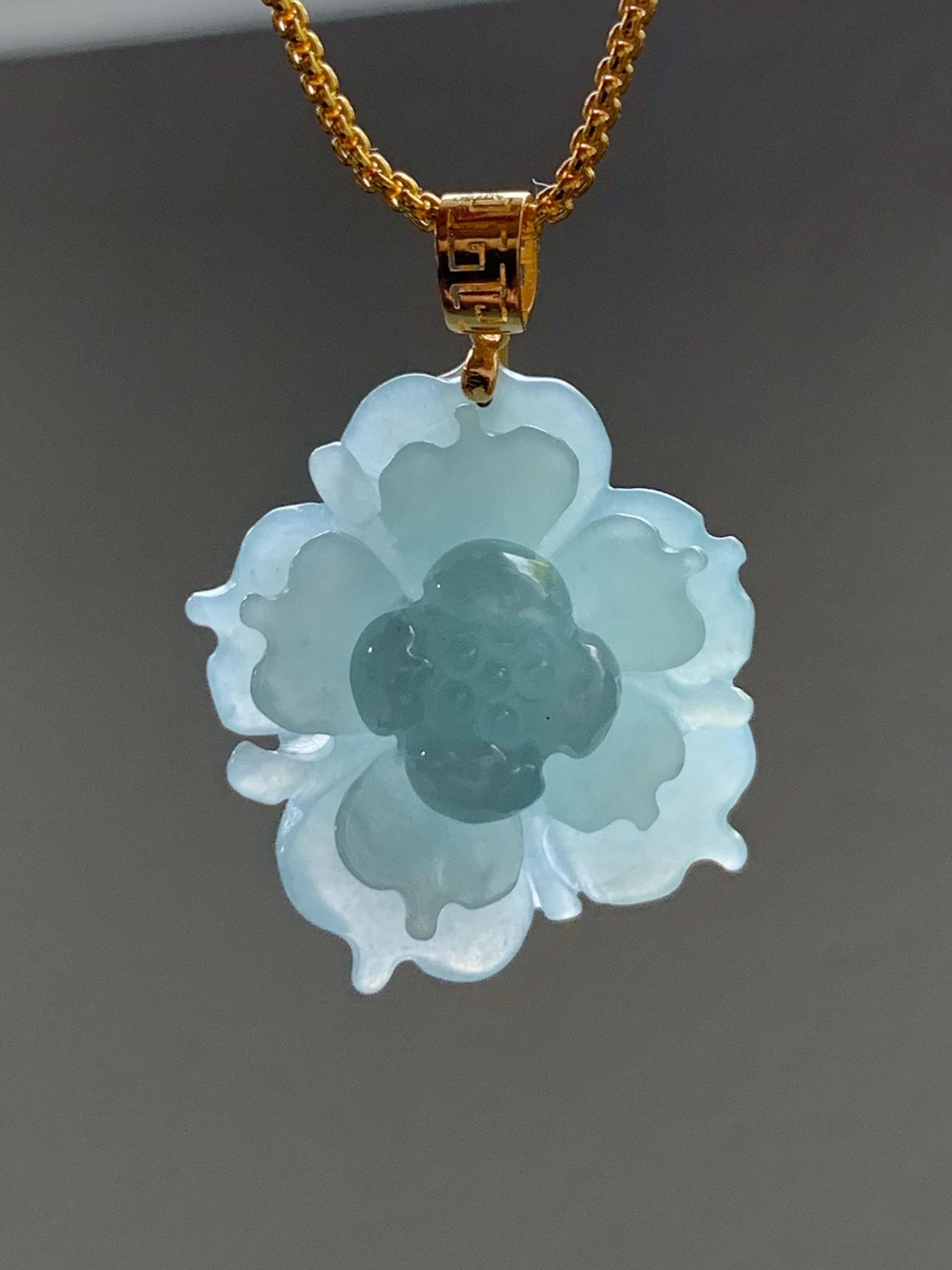 Natural Guatemalan Icy Translucent Light Dusty Blue Jadeite Carved 3D Lotus Flower Pendant 18K Yellow Gold Bail 天然冰危淡蓝翡翠精工雕莲花镶嵌吊坠
