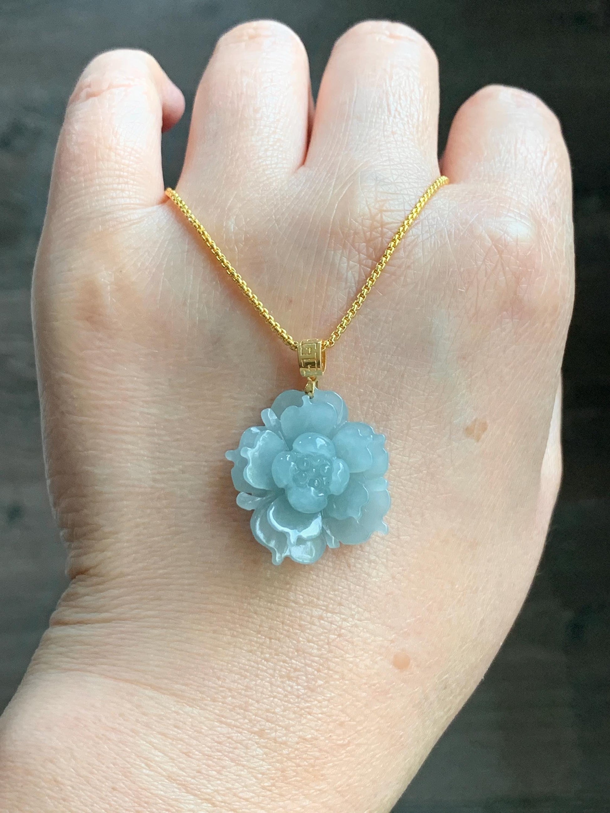 Natural Guatemalan Icy Translucent Light Dusty Blue Jadeite Carved 3D Lotus Flower Pendant 18K Yellow Gold Bail 天然冰危淡蓝翡翠精工雕莲花镶嵌吊坠