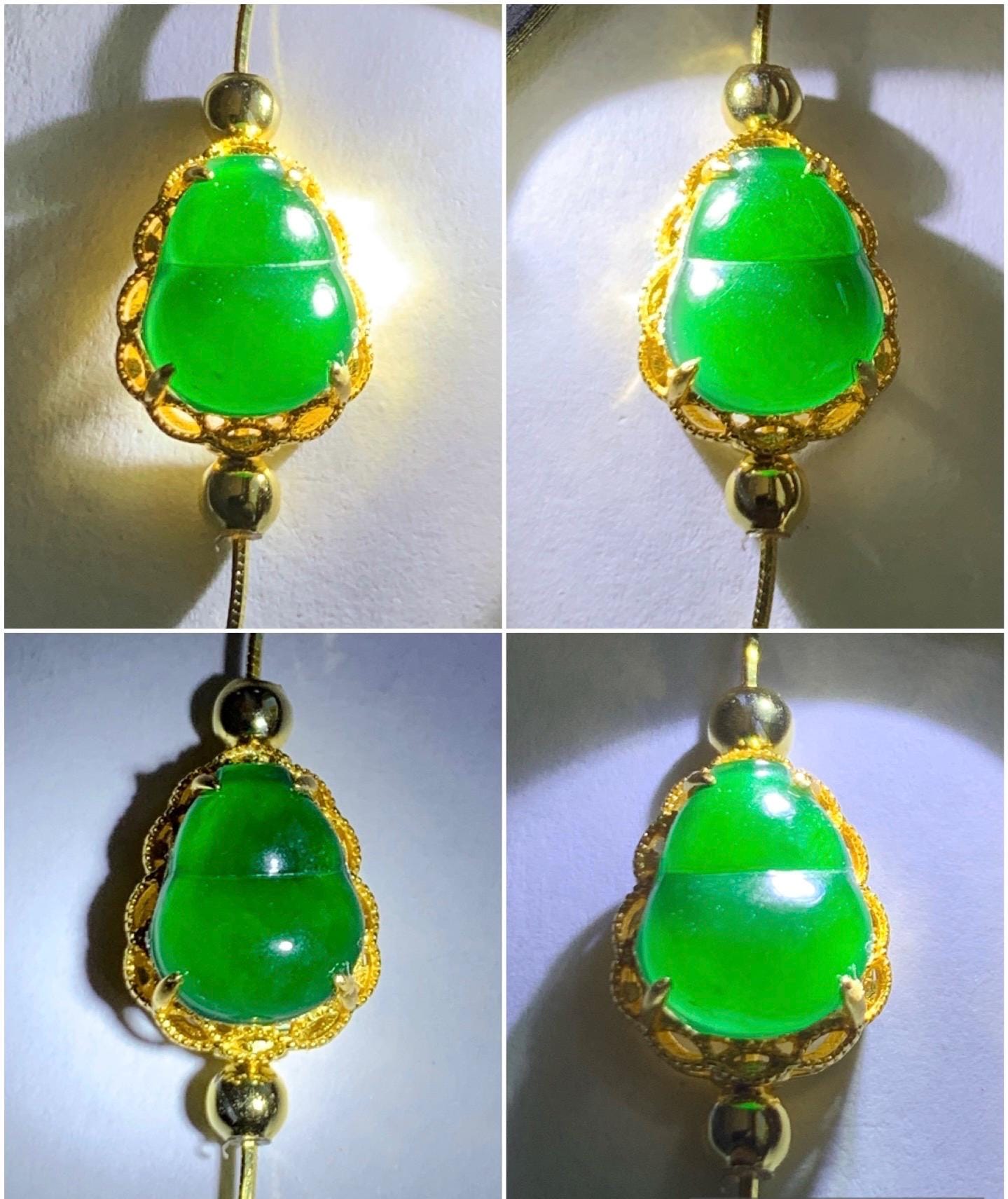 Natural Guatemalan Icy Highly Translucent Vibrant Green Gourd Hulu Jadeite Charm Chain Bracelet Sterling Silver YG Finish 7" 天然冰危绿翡翠葫芦潘多拉银手链