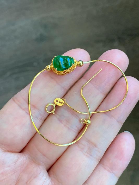 Natural Guatemalan Icy Highly Translucent Vibrant Green Gourd Hulu Jadeite Charm Chain Bracelet Sterling Silver YG Finish 7" 天然冰危绿翡翠葫芦潘多拉银手链