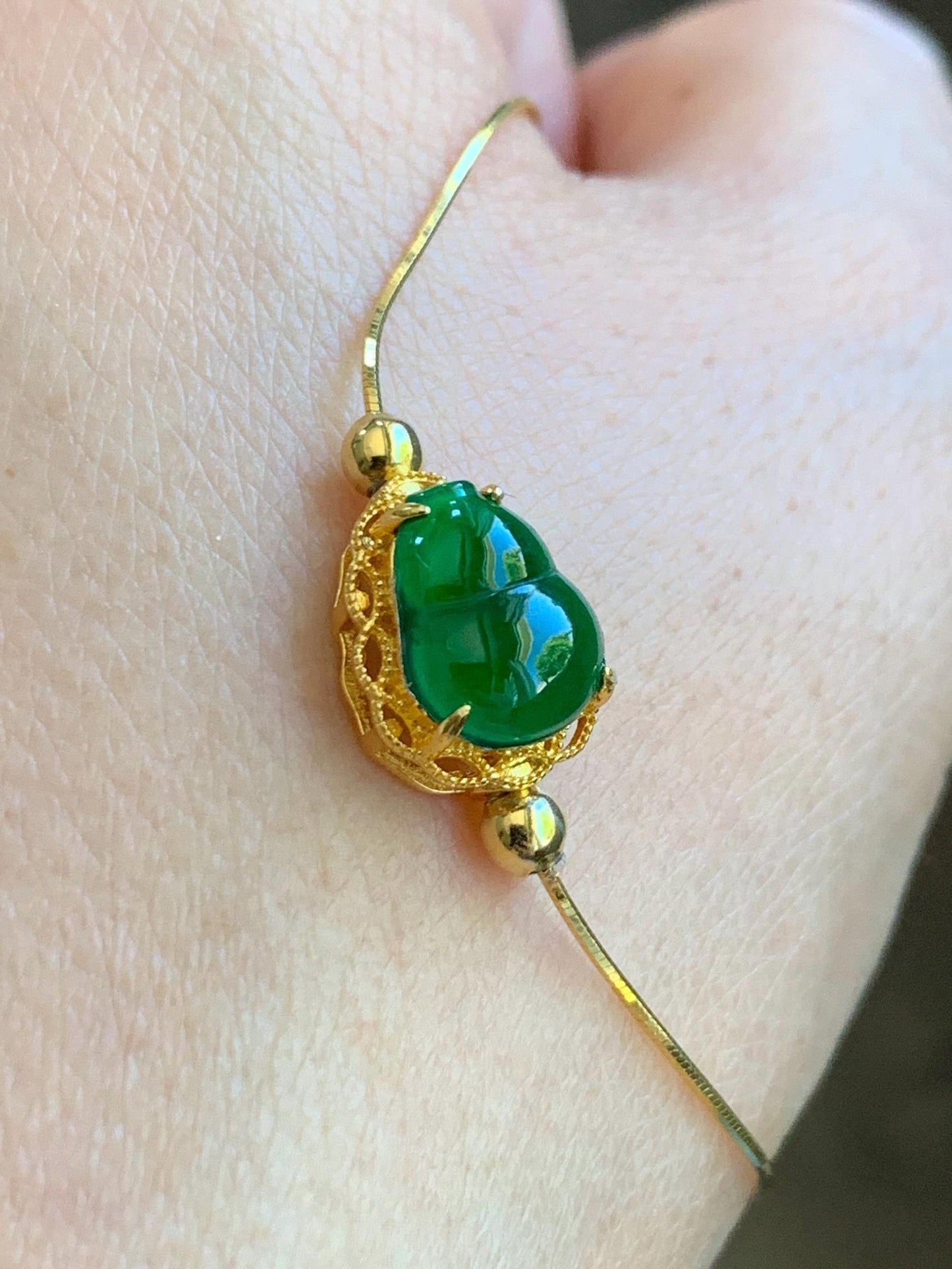 Natural Guatemalan Icy Highly Translucent Vibrant Green Gourd Hulu Jadeite Charm Chain Bracelet Sterling Silver YG Finish 7" 天然冰危绿翡翠葫芦潘多拉银手链