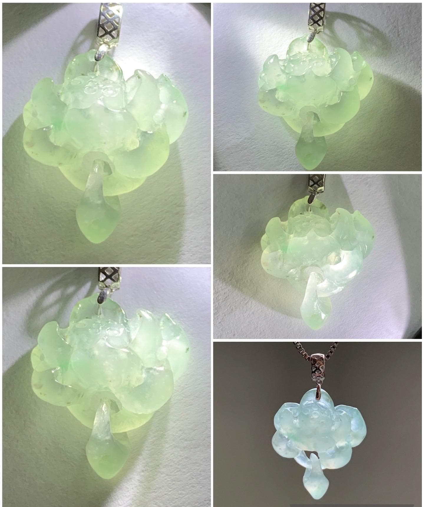 Petite Natural Burmese Icy Highly Translucent Light Green Jadeite Lotus Flower Interlocked Teardrop Pendant 18K White Gold 天然缅甸冰胶晴底翡翠荷花镶嵌吊坠