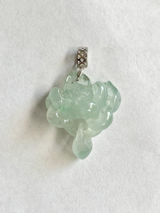 Petite Natural Burmese Icy Highly Translucent Light Green Jadeite Lotus Flower Interlocked Teardrop Pendant 18K White Gold 天然缅甸冰胶晴底翡翠荷花镶嵌吊坠