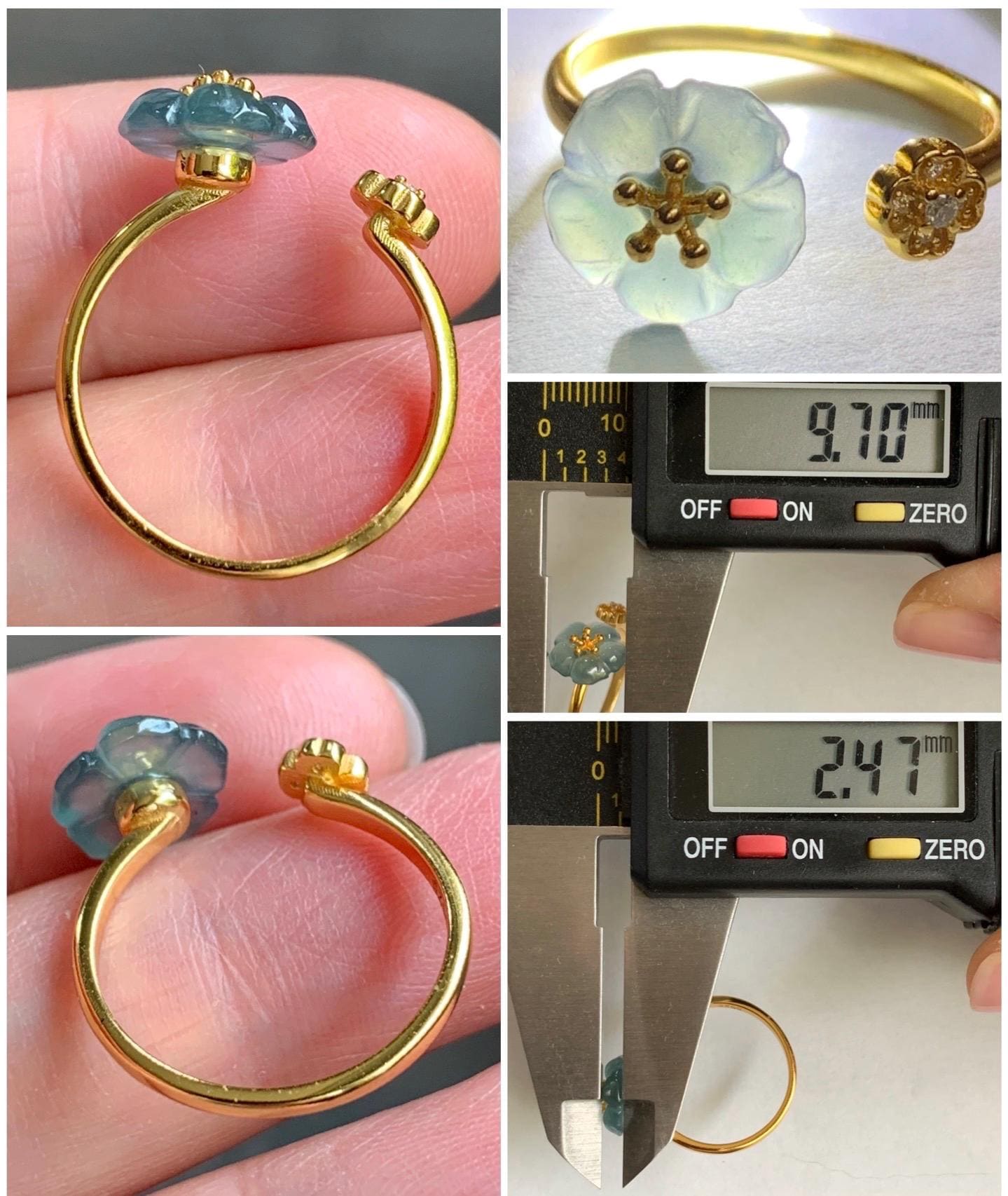 Natural Guatemalan Icy Highly Translucent Gelatinous Teal Blue Jadeite Cherry Blossom Open Band Ring Sterling Silver Size 7 天然高冰危蓝翡翠梅花开口银镶戒指