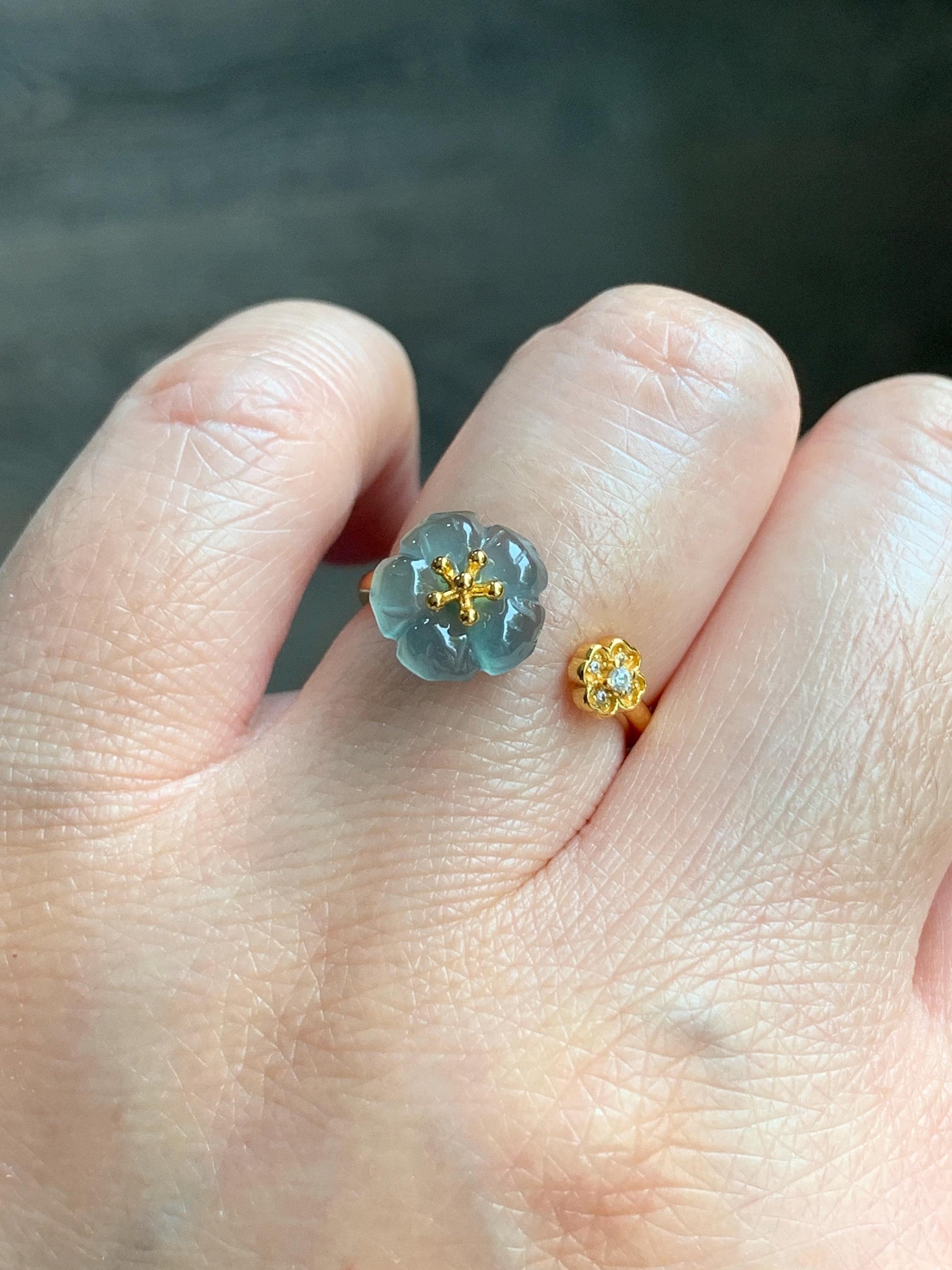 Natural Guatemalan Icy Highly Translucent Gelatinous Teal Blue Jadeite Cherry Blossom Open Band Ring Sterling Silver Size 7 天然高冰危蓝翡翠梅花开口银镶戒指