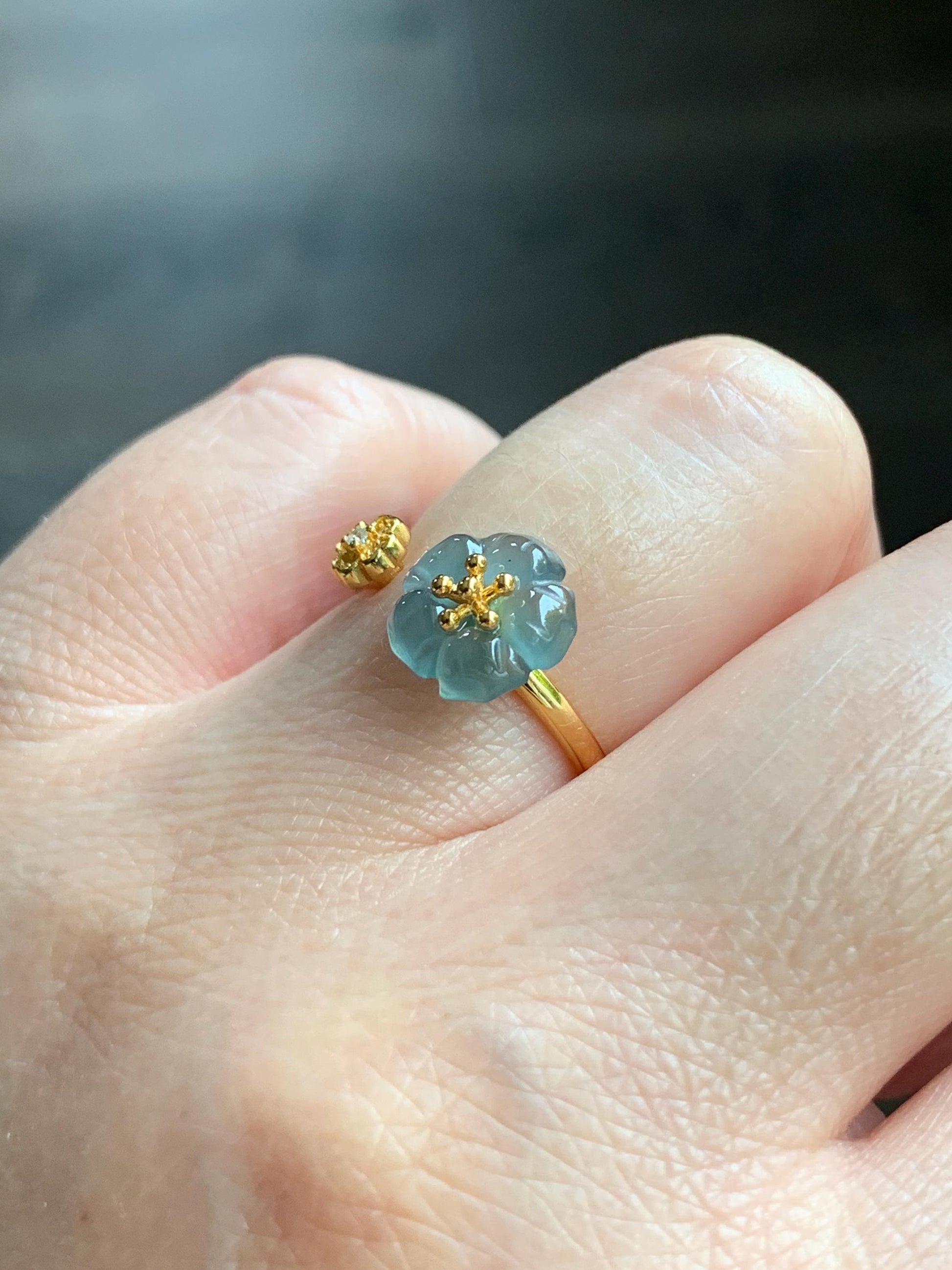 Natural Guatemalan Icy Highly Translucent Gelatinous Teal Blue Jadeite Cherry Blossom Open Band Ring Sterling Silver Size 7 天然高冰危蓝翡翠梅花开口银镶戒指