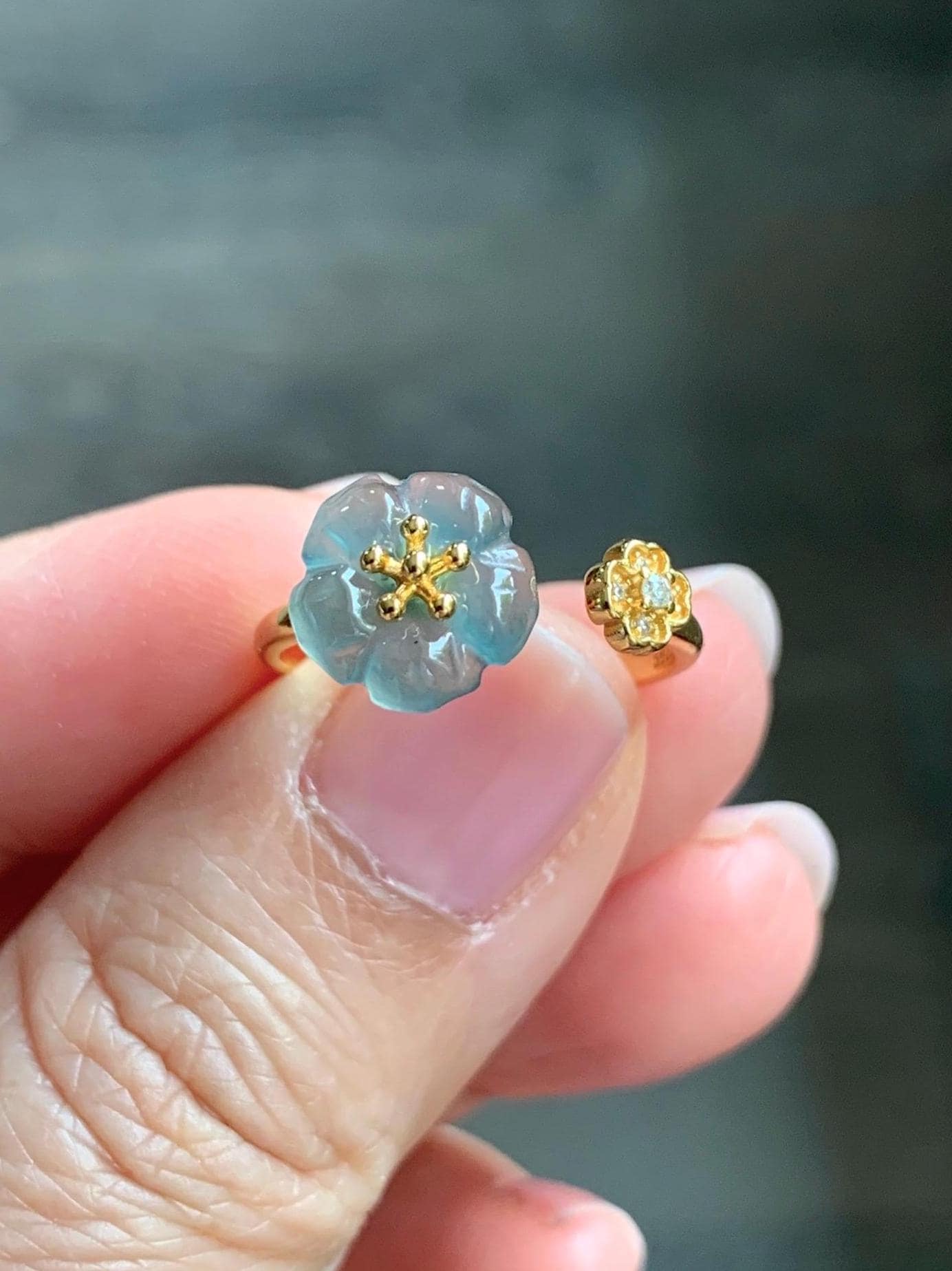 Natural Guatemalan Icy Highly Translucent Gelatinous Teal Blue Jadeite Cherry Blossom Open Band Ring Sterling Silver Size 7 天然高冰危蓝翡翠梅花开口银镶戒指