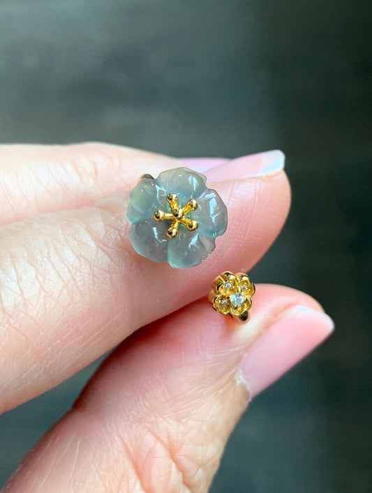 Natural Guatemalan Icy Highly Translucent Gelatinous Teal Blue Jadeite Cherry Blossom Open Band Ring Sterling Silver Size 7 天然高冰危蓝翡翠梅花开口银镶戒指