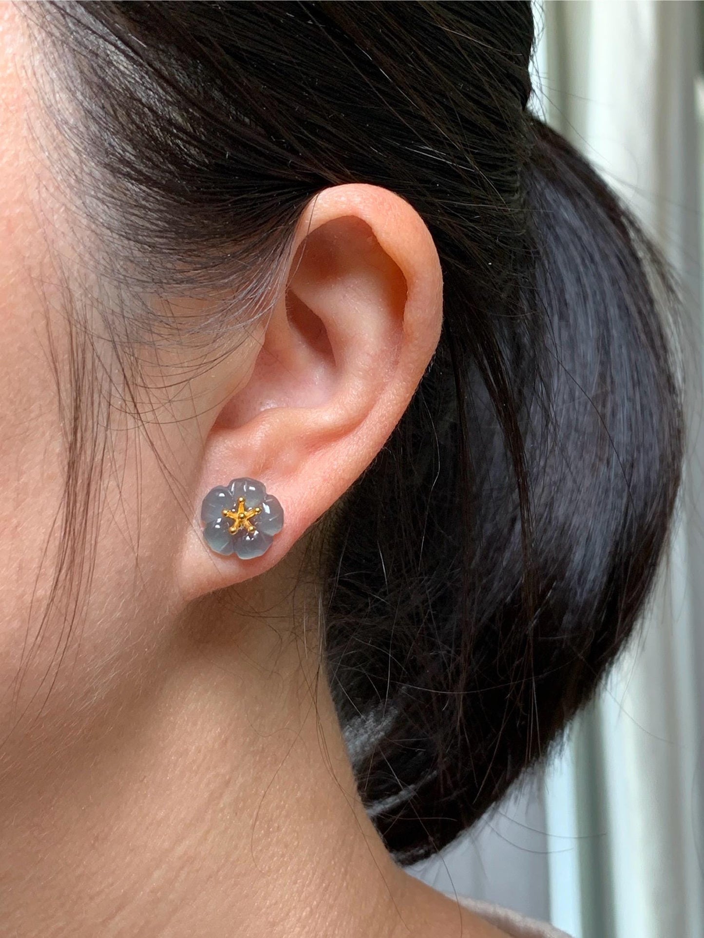 Natural Guatemalan Icy Highly Translucent Gelatinous Deep Indigo Blue Jadeite Cherry Blossom Stud Earring Sterling Silver 天然高冰危蓝翡翠梅花银镶耳钉