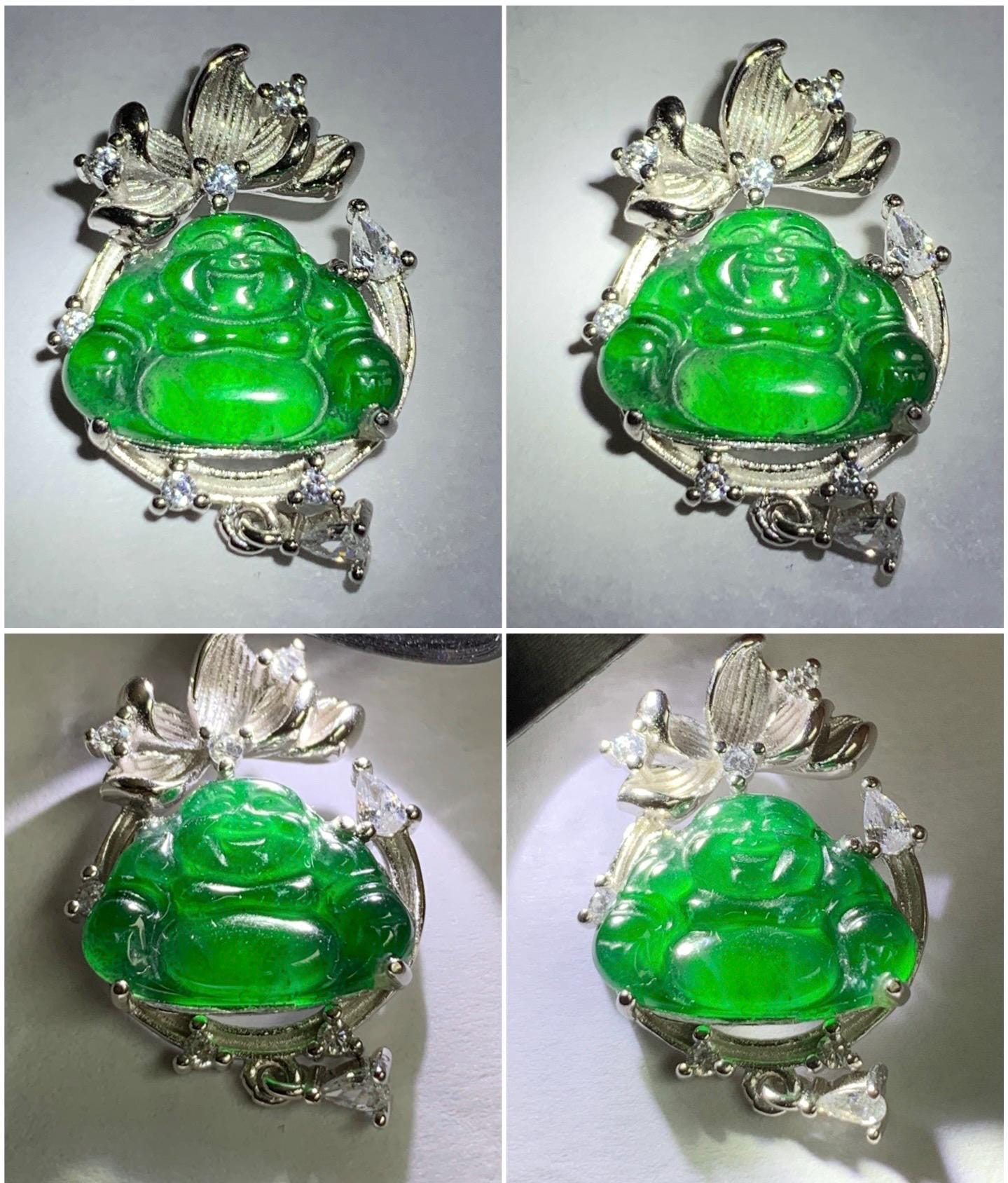 Petite Natural Guatemalan Icy Translucent Vibrant Green Jadeite Carved Buddha Pendant Sterling Silver 天然冰危绿翡翠佛公镶嵌吊坠