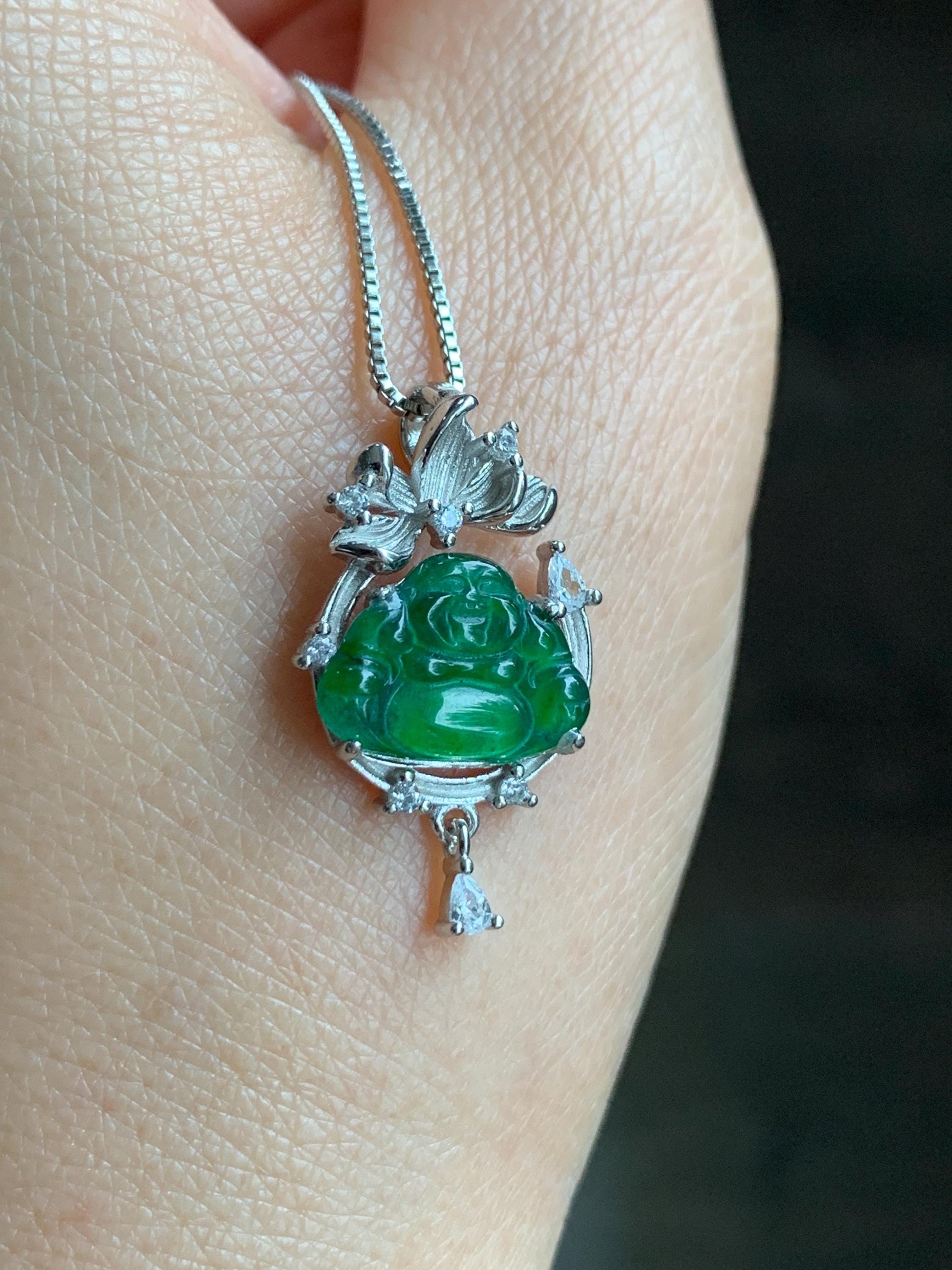 Petite Natural Guatemalan Icy Translucent Vibrant Green Jadeite Carved Buddha Pendant Sterling Silver 天然冰危绿翡翠佛公镶嵌吊坠