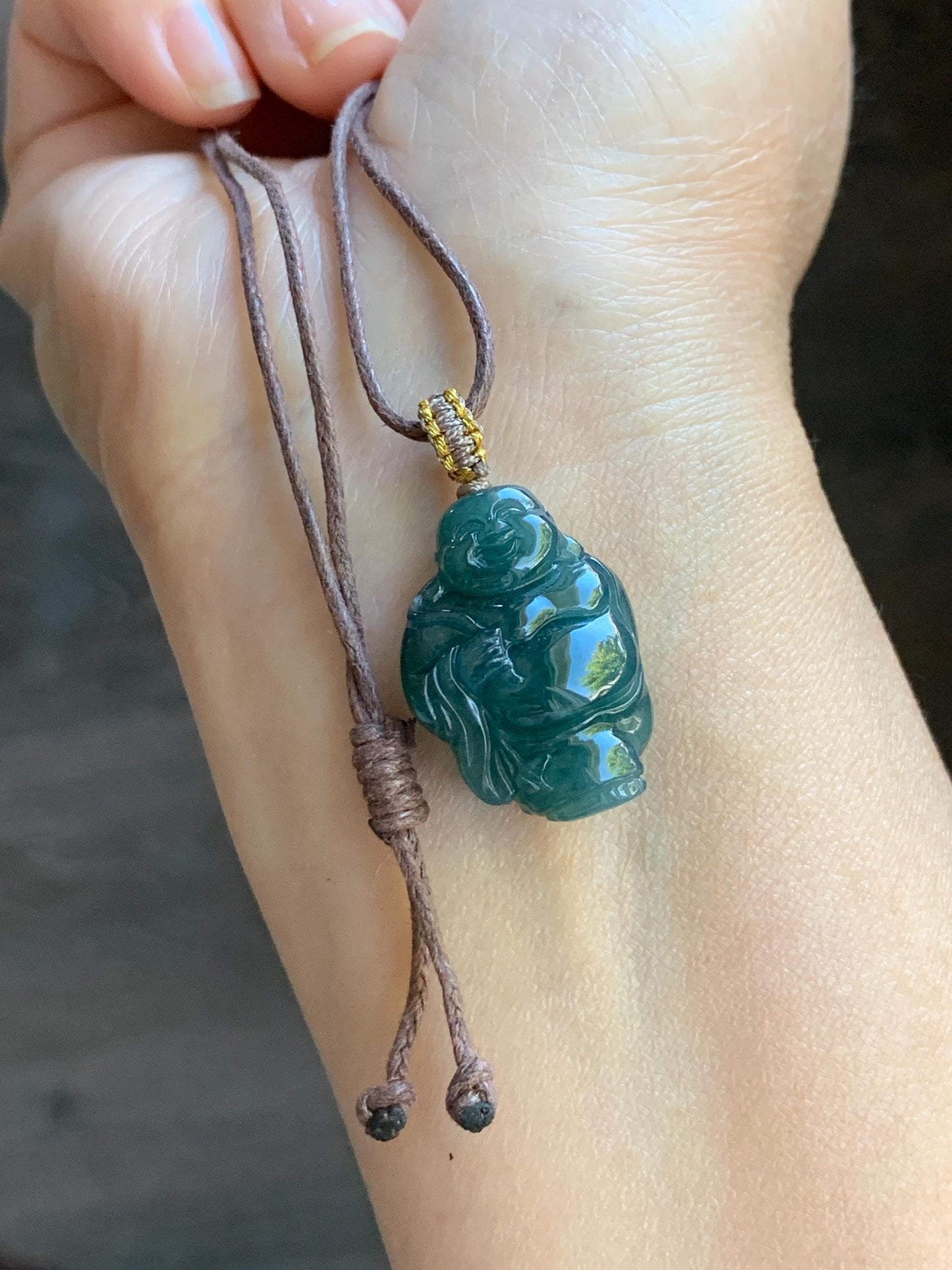 Natural Guatemalan Icy Translucent Gelatinous Dark Teal Blue Jadeite Carefree Buddha & Ruyi Pendant Rope Necklace 24” 天然冰胶危蓝水翡翠逍遥佛公吊坠