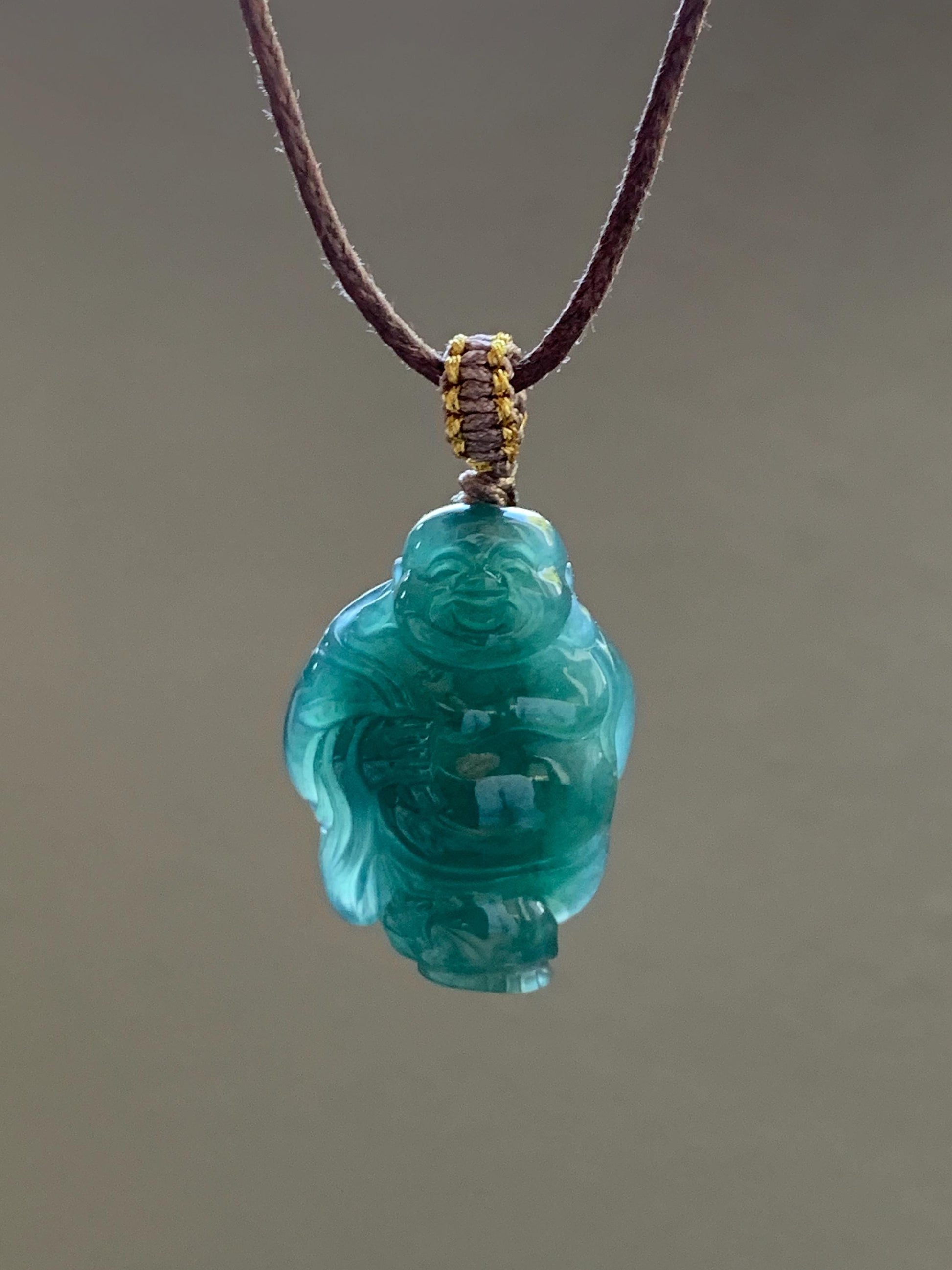 Natural Guatemalan Icy Translucent Gelatinous Dark Teal Blue Jadeite Carefree Buddha & Ruyi Pendant Rope Necklace 24” 天然冰胶危蓝水翡翠逍遥佛公吊坠