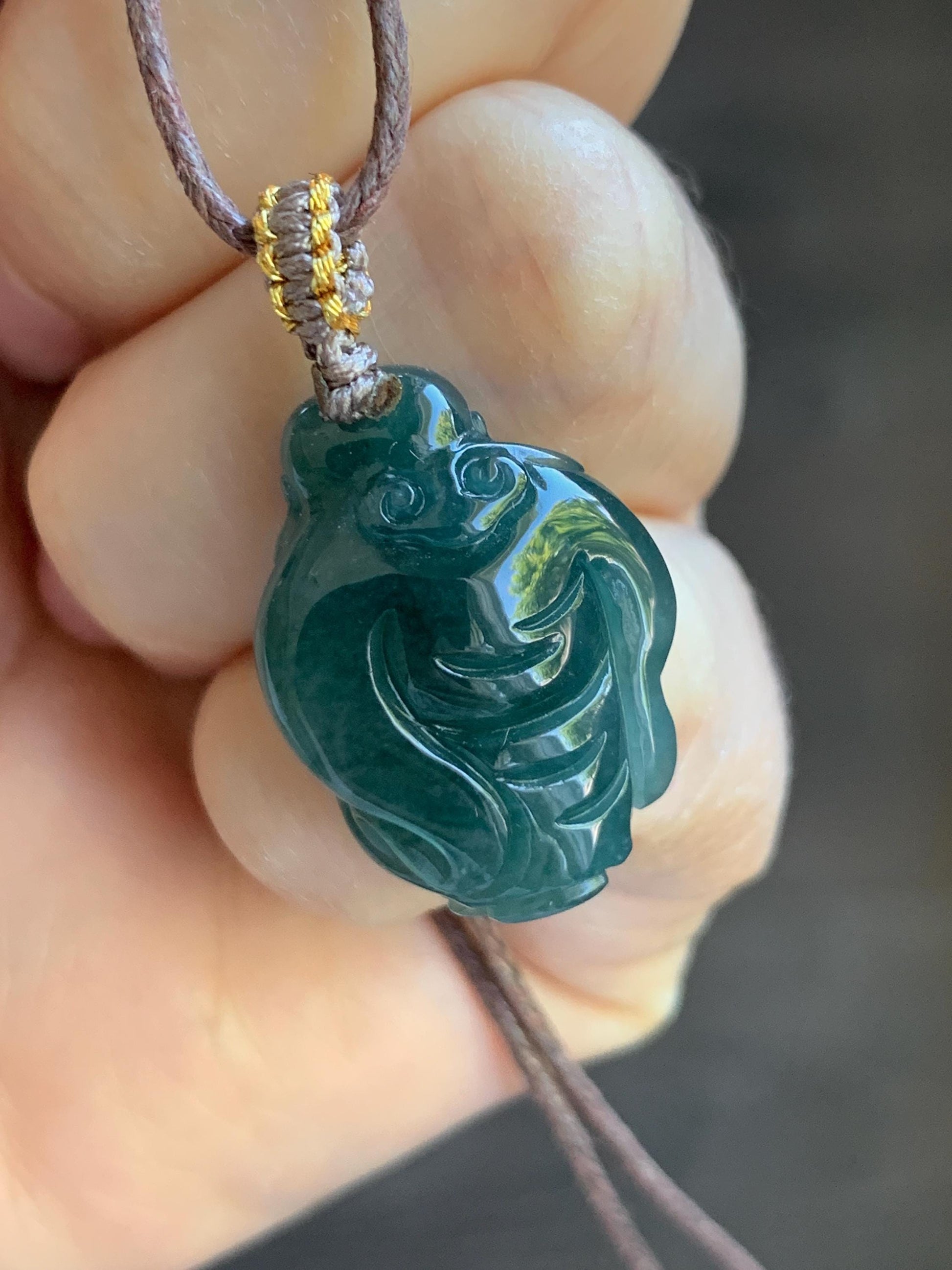 Natural Guatemalan Icy Translucent Gelatinous Dark Teal Blue Jadeite Carefree Buddha & Ruyi Pendant Rope Necklace 24” 天然冰胶危蓝水翡翠逍遥佛公吊坠