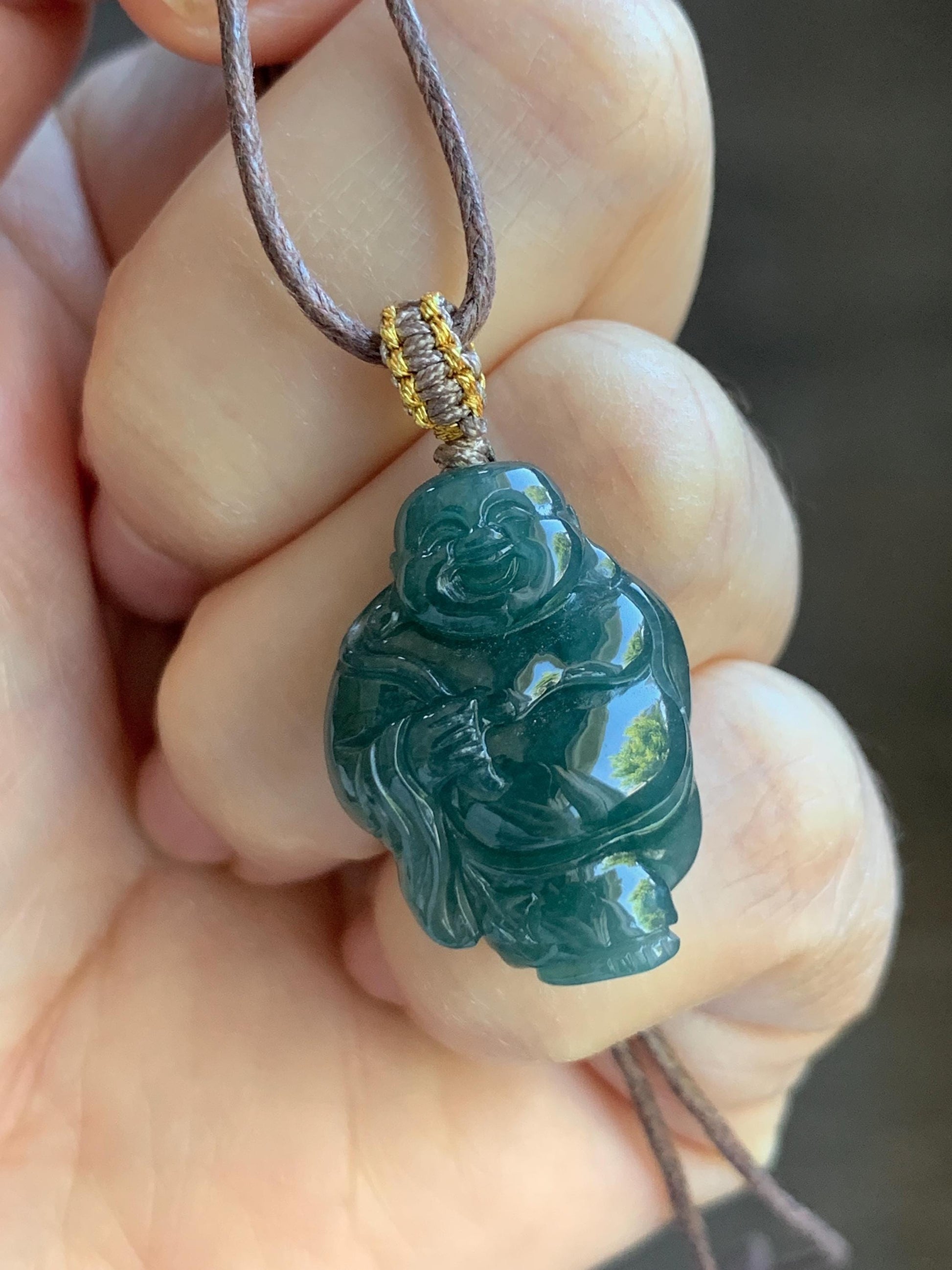 Natural Guatemalan Icy Translucent Gelatinous Dark Teal Blue Jadeite Carefree Buddha & Ruyi Pendant Rope Necklace 24” 天然冰胶危蓝水翡翠逍遥佛公吊坠