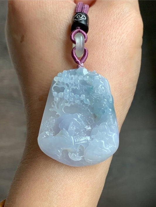 Large Natural Burmese Icy Highly Translucent Gelatinous Purplish Blue Jadeite Carved Shan Shui Pai Landscape Pendant 天然缅甸冰胶蓝紫飘花翡翠大山水牌吊坠