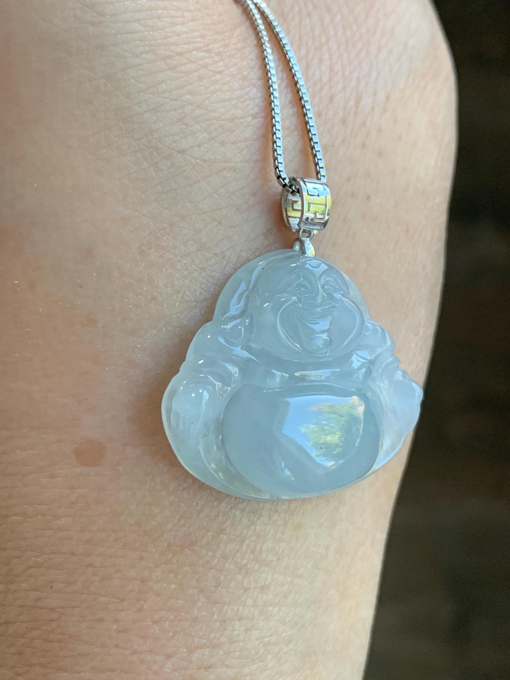 Certified Natural Burmese Icy Translucent Pale Blue Jadeite Carved Buddha Pendant 18K White Gold 天然缅甸冰淡蓝翡翠佛公镶嵌吊坠 3011
