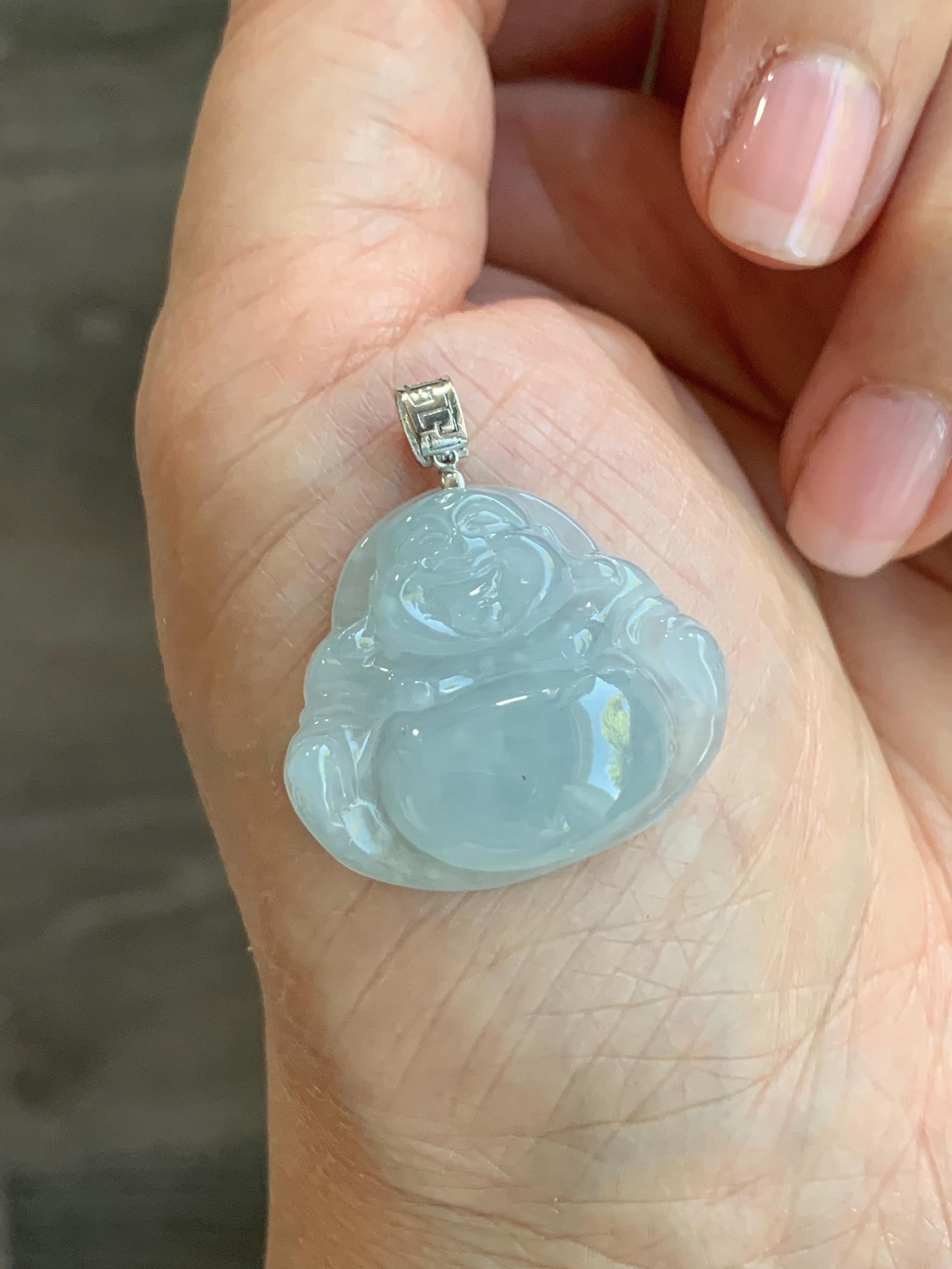 Certified Natural Burmese Icy Translucent Pale Blue Jadeite Carved Buddha Pendant 18K White Gold 天然缅甸冰淡蓝翡翠佛公镶嵌吊坠 3011