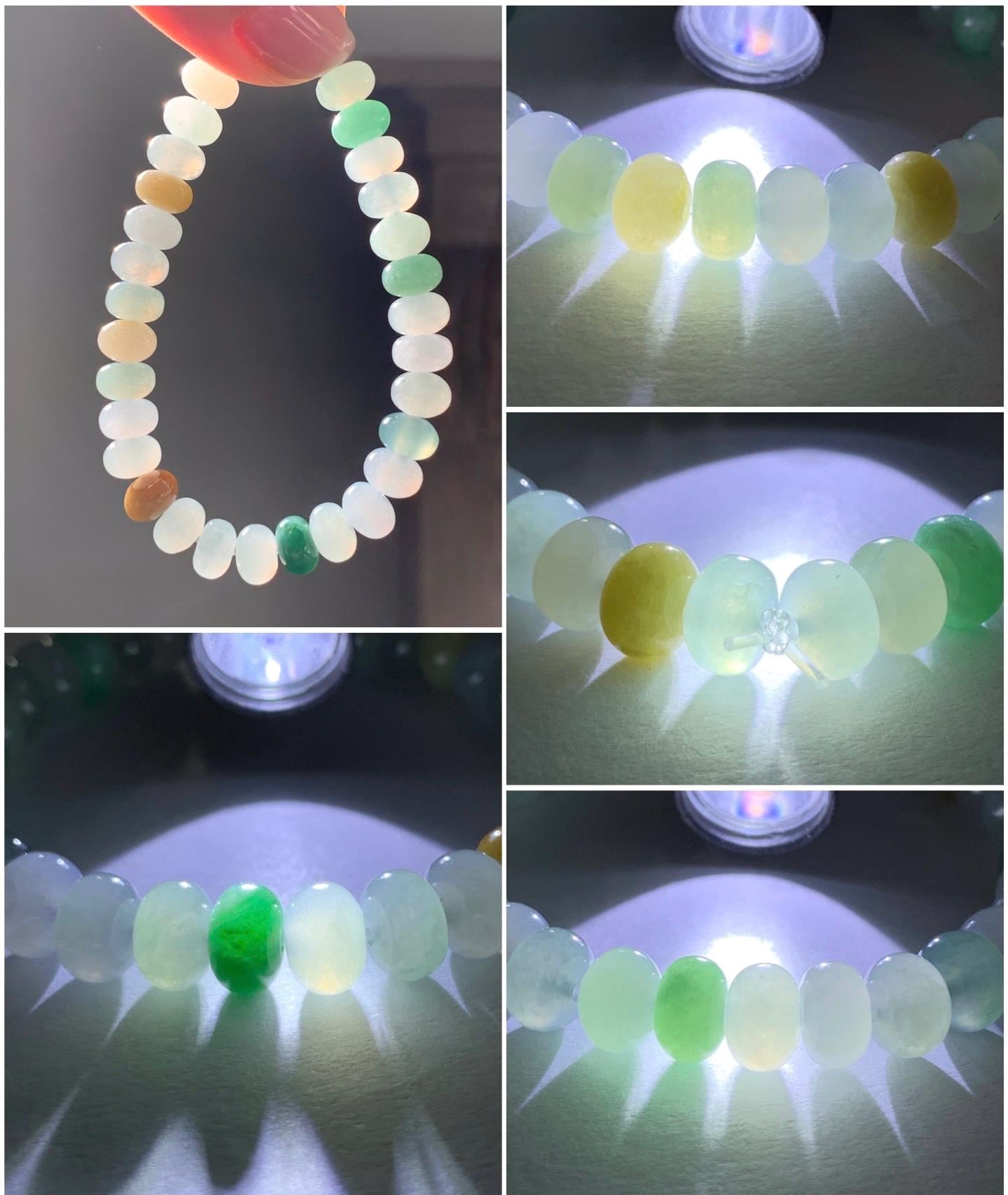 Certified Natural Burmese Icy Translucent Multicolored Jadeite Drum Beads Beaded Bracelet Stretchy 6.75” 22.72g 天然缅甸冰胶多宝翡翠鼓珠手串 3001