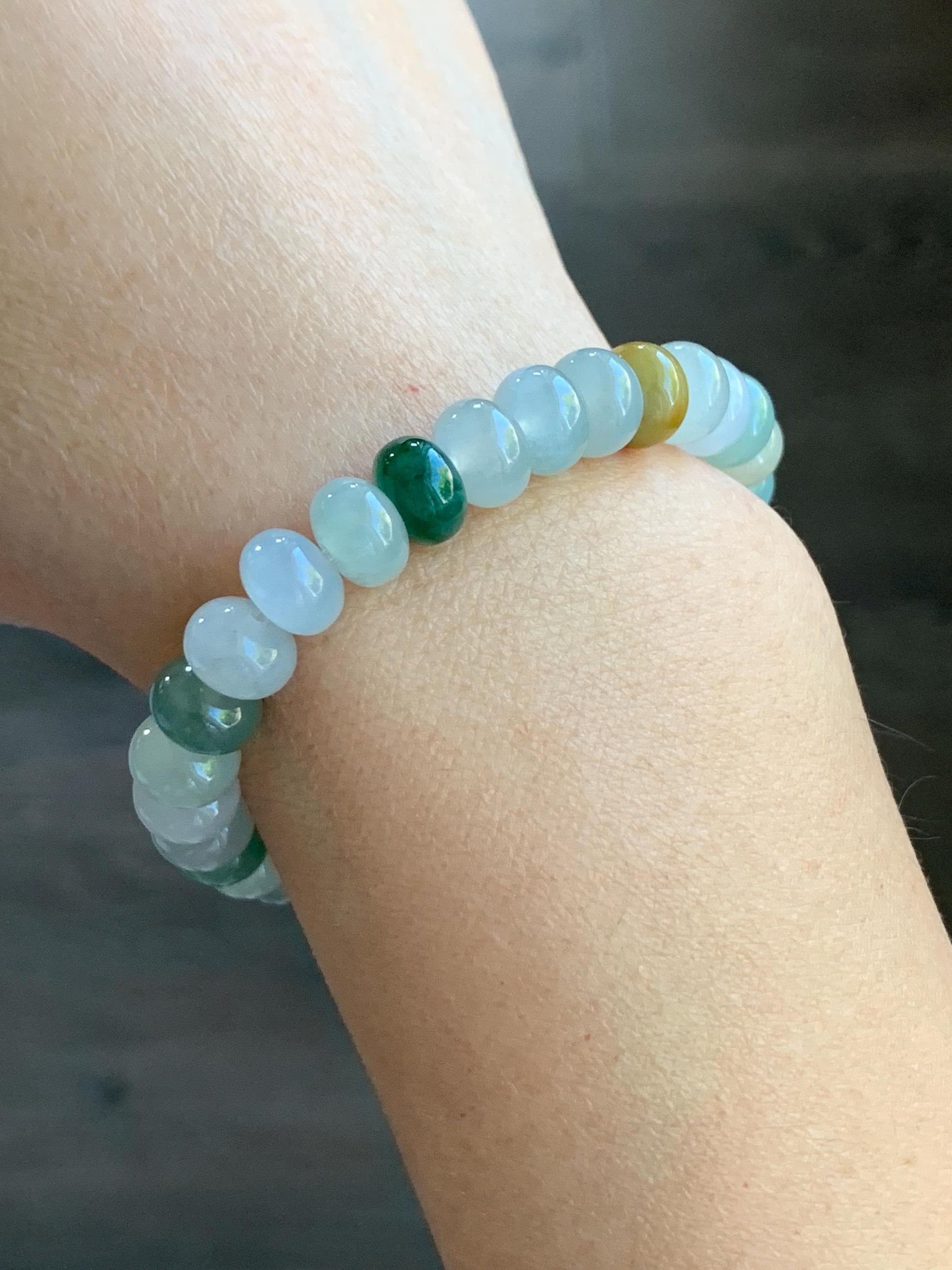 Certified Natural Burmese Icy Translucent Multicolored Jadeite Drum Beads Beaded Bracelet Stretchy 6.75” 22.72g 天然缅甸冰胶多宝翡翠鼓珠手串 3001