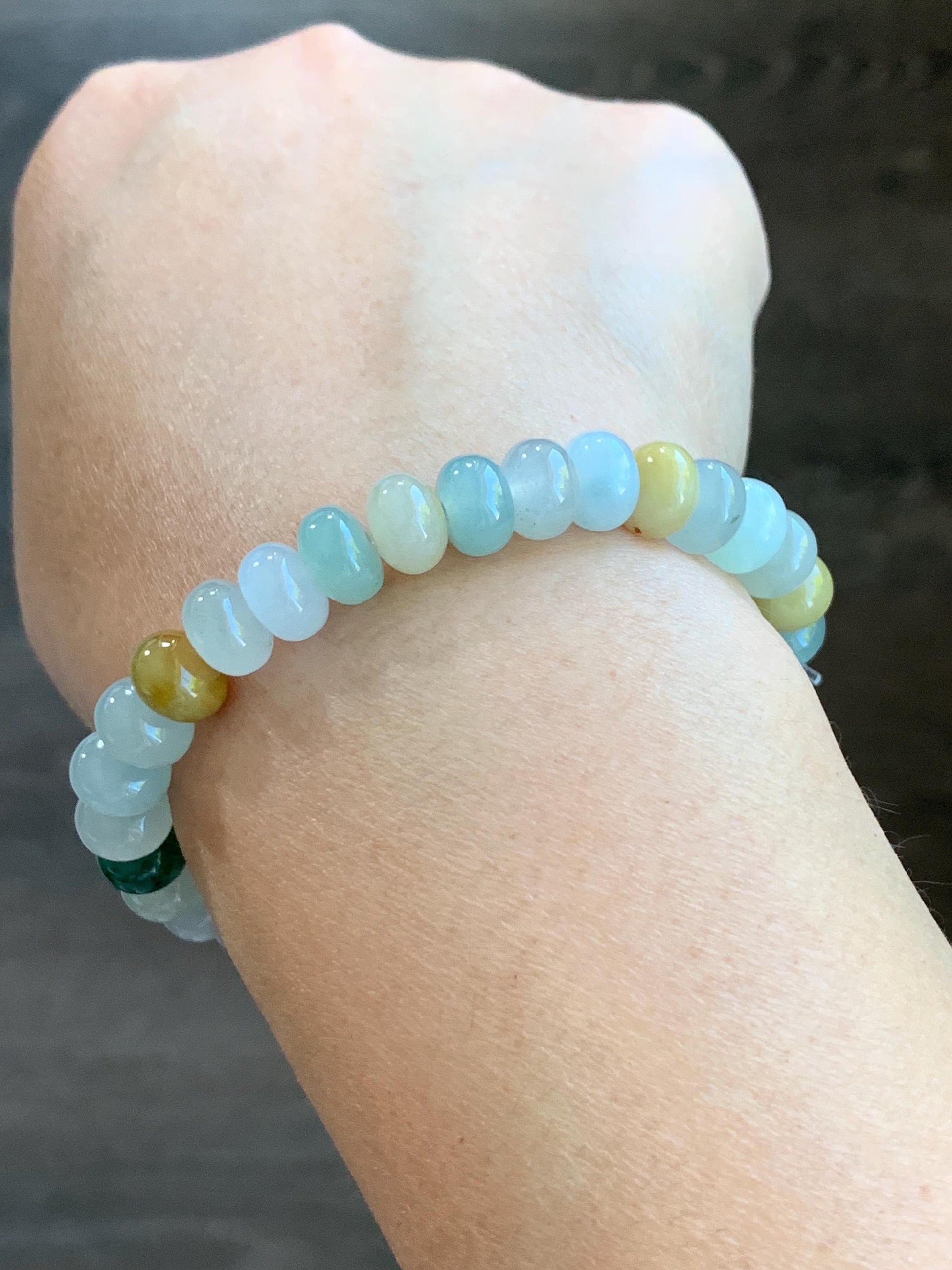 Certified Natural Burmese Icy Translucent Multicolored Jadeite Drum Beads Beaded Bracelet Stretchy 6.75” 22.72g 天然缅甸冰胶多宝翡翠鼓珠手串 3001