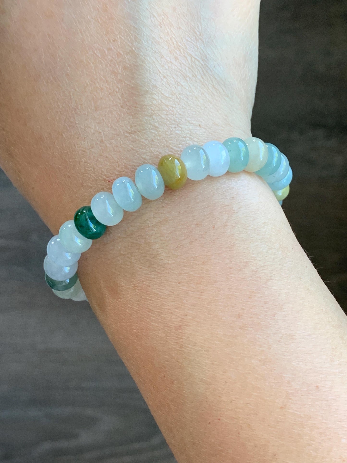 Certified Natural Burmese Icy Translucent Multicolored Jadeite Drum Beads Beaded Bracelet Stretchy 6.75” 22.72g 天然缅甸冰胶多宝翡翠鼓珠手串 3001