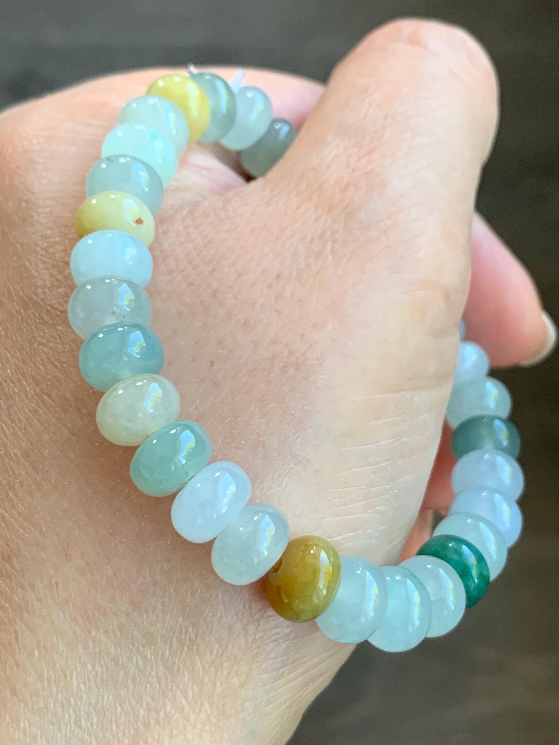 Certified Natural Burmese Icy Translucent Multicolored Jadeite Drum Beads Beaded Bracelet Stretchy 6.75” 22.72g 天然缅甸冰胶多宝翡翠鼓珠手串 3001