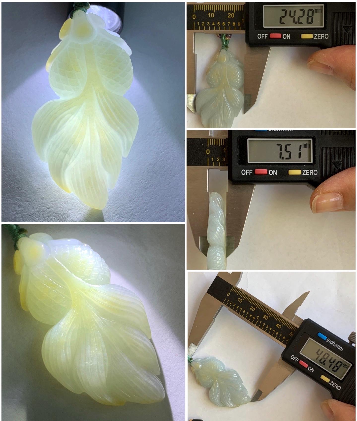 Natural Burmese Icy Translucent Light Green Jadeite w/ Yellow Marbling Carved Goldfish Pendant Rope Necklace 天然缅甸淡晴翡翠飘黄翡金鱼吊坠