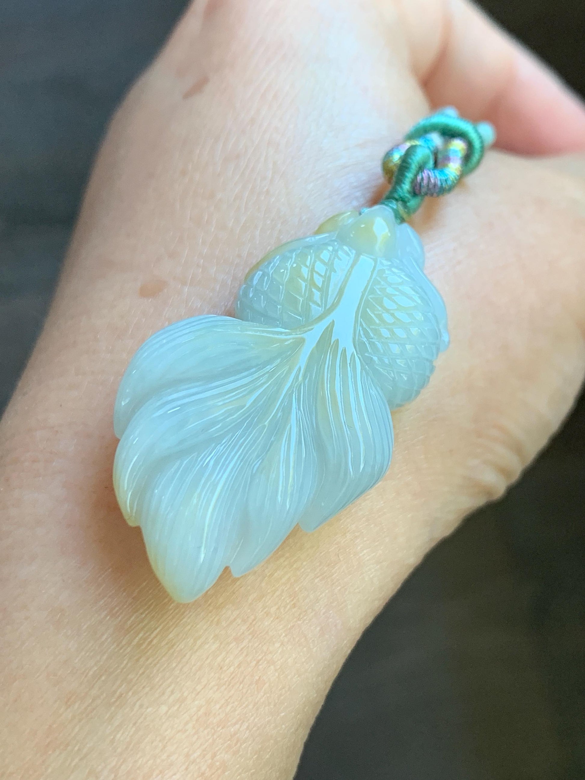 Natural Burmese Icy Translucent Light Green Jadeite w/ Yellow Marbling Carved Goldfish Pendant Rope Necklace 天然缅甸淡晴翡翠飘黄翡金鱼吊坠