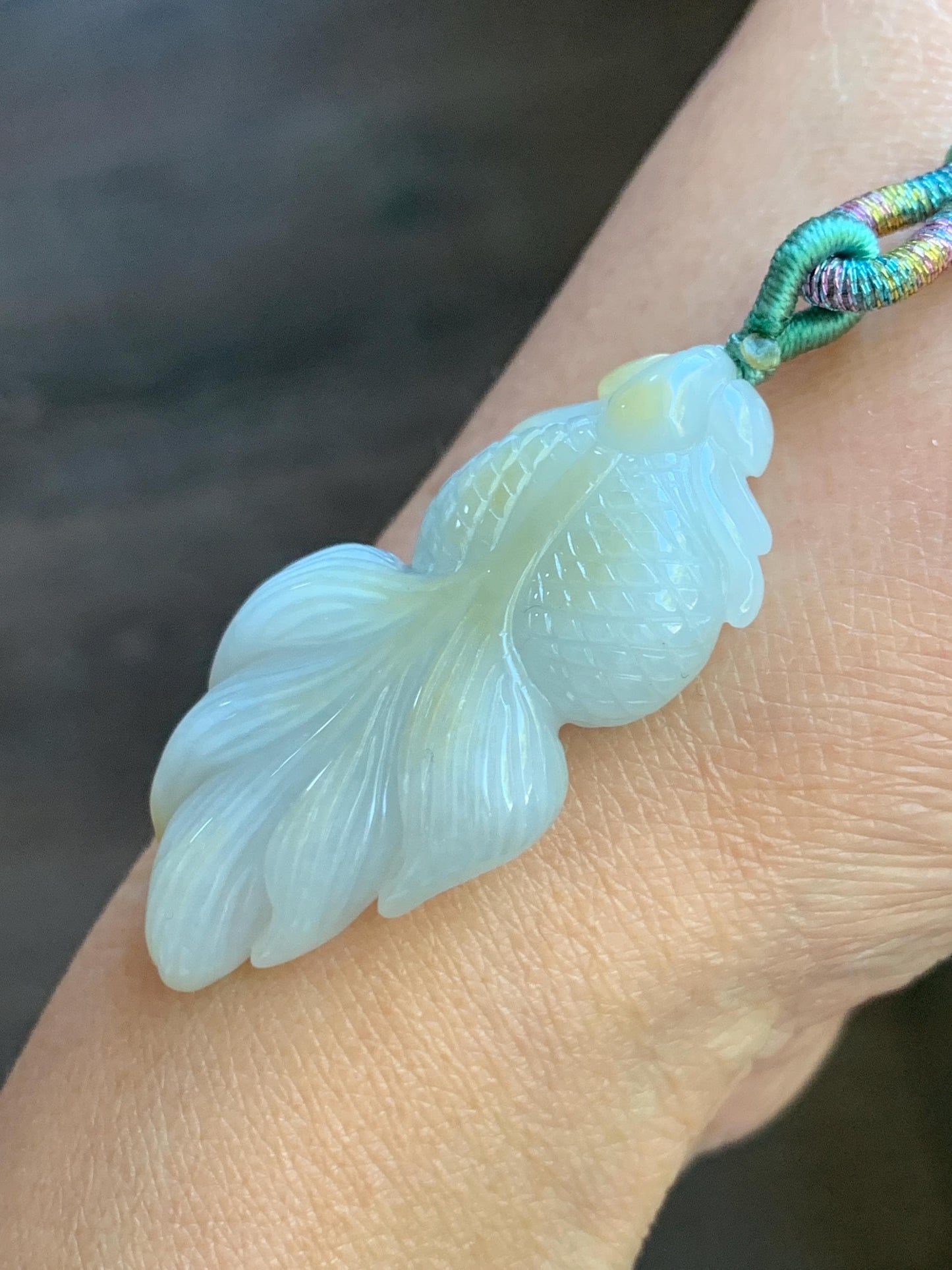Natural Burmese Icy Translucent Light Green Jadeite w/ Yellow Marbling Carved Goldfish Pendant Rope Necklace 天然缅甸淡晴翡翠飘黄翡金鱼吊坠