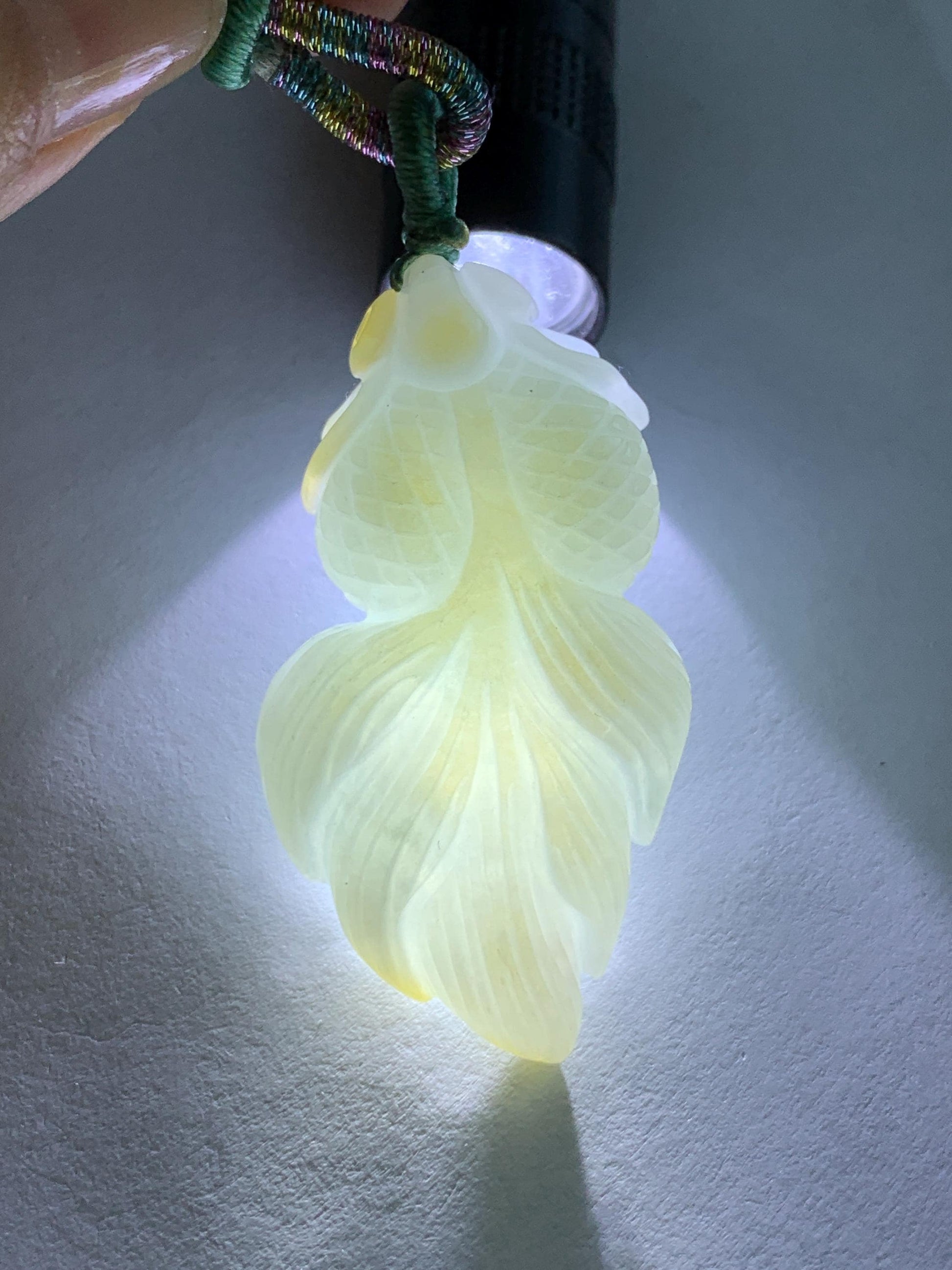 Natural Burmese Icy Translucent Light Green Jadeite w/ Yellow Marbling Carved Goldfish Pendant Rope Necklace 天然缅甸淡晴翡翠飘黄翡金鱼吊坠
